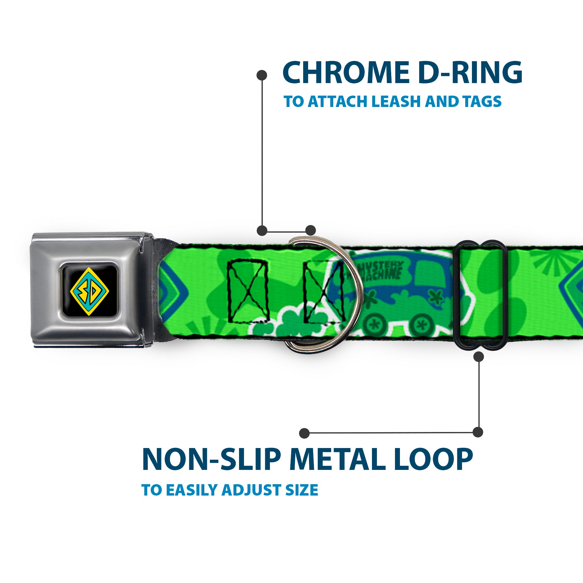 Scooby Doo Dog Tag Full Color Seatbelt Buckle Collar - Scooby Doo Mystery Machine/Dog Tag Collage Greens/Blues Seatbelt Buckle Collars Scooby Doo