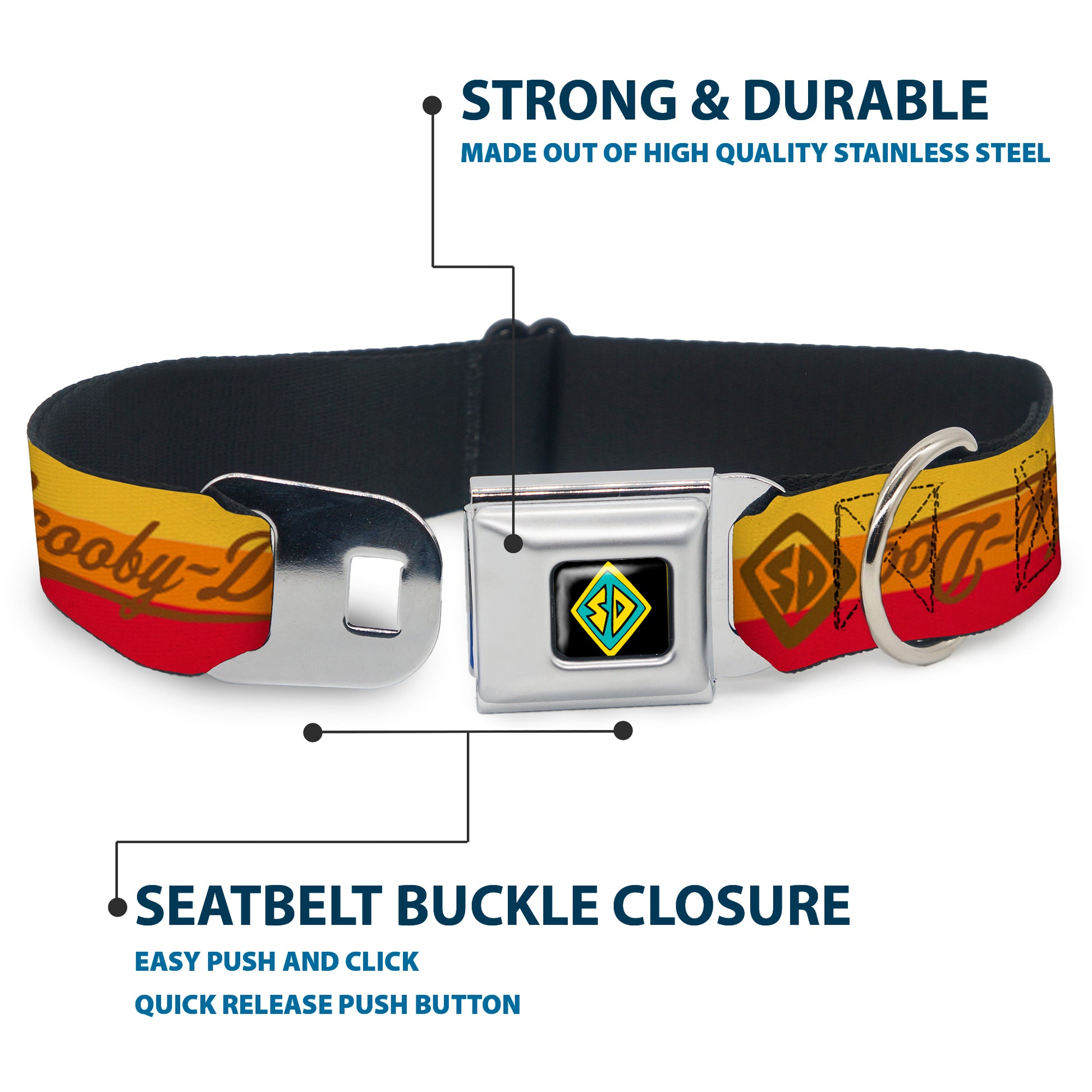 Scooby Doo Dog Tag Full Color Seatbelt Buckle Collar - SCOOBY-DOO Script/SD Icon Stripe Yellow/Orange/Red/Brown Seatbelt Buckle Collars Scooby Doo