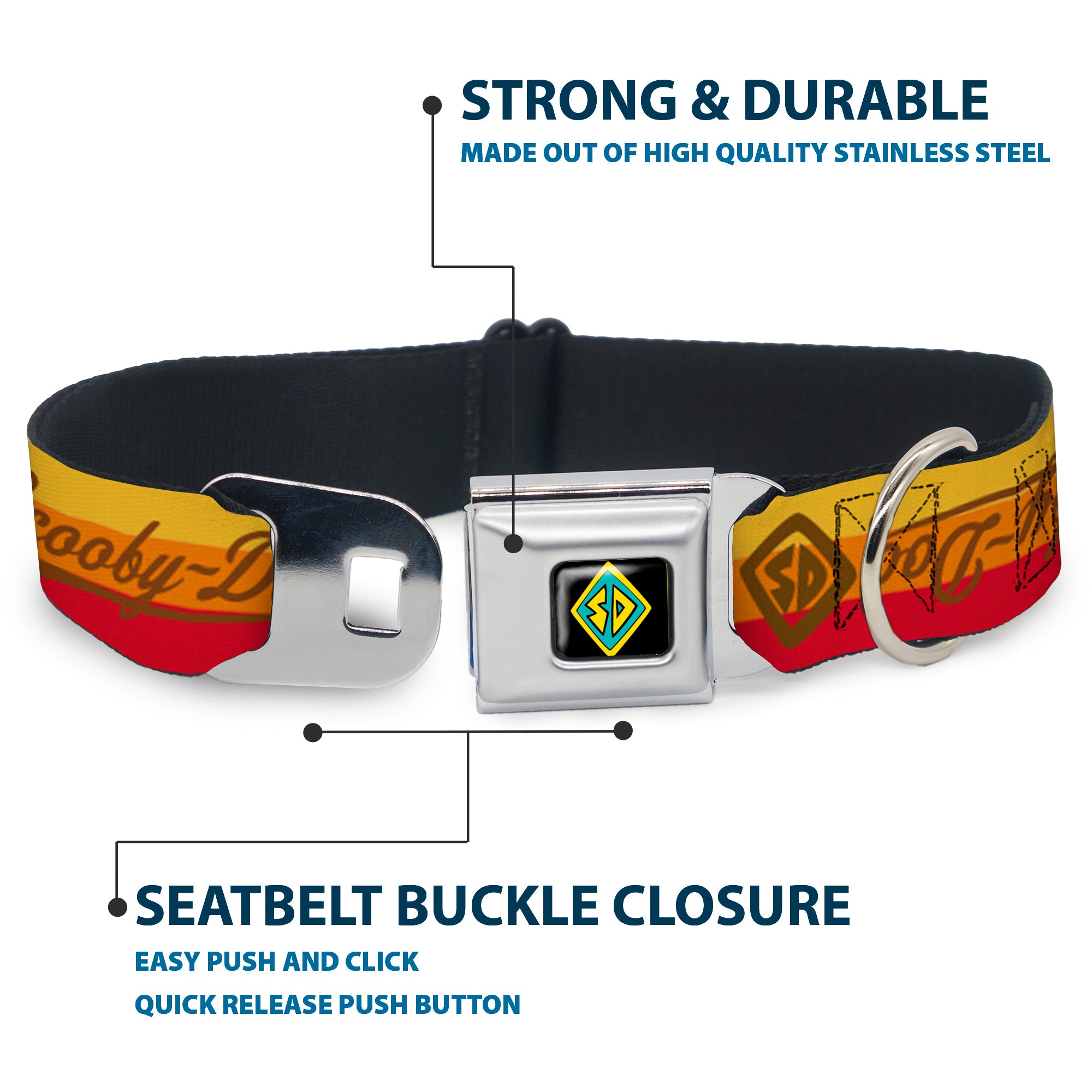 Scooby Doo Dog Tag Full Color Seatbelt Buckle Collar - SCOOBY-DOO Script/SD Icon Stripe Yellow/Orange/Red/Brown Seatbelt Buckle Collars Scooby Doo