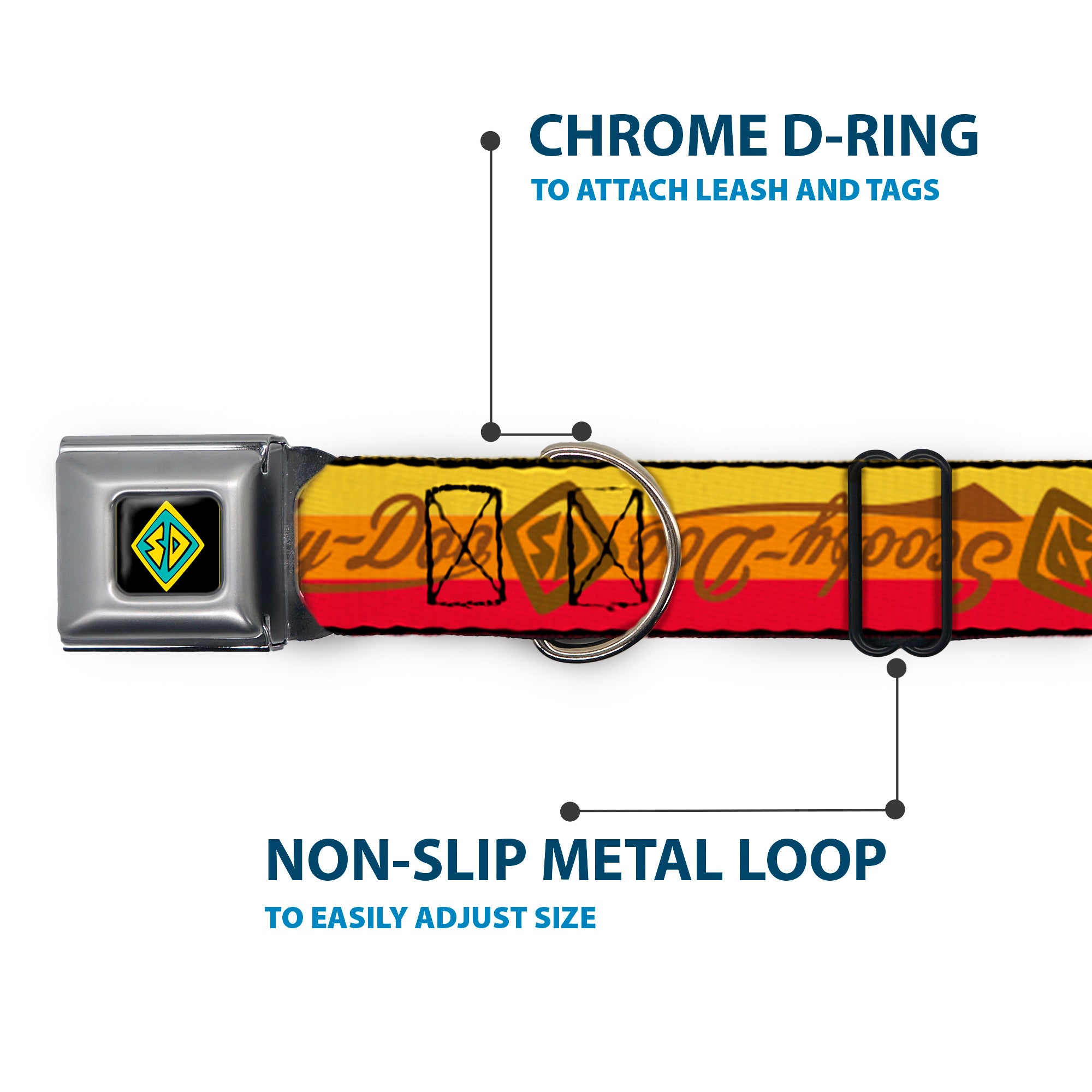 Scooby Doo Dog Tag Full Color Seatbelt Buckle Collar - SCOOBY-DOO Script/SD Icon Stripe Yellow/Orange/Red/Brown Seatbelt Buckle Collars Scooby Doo