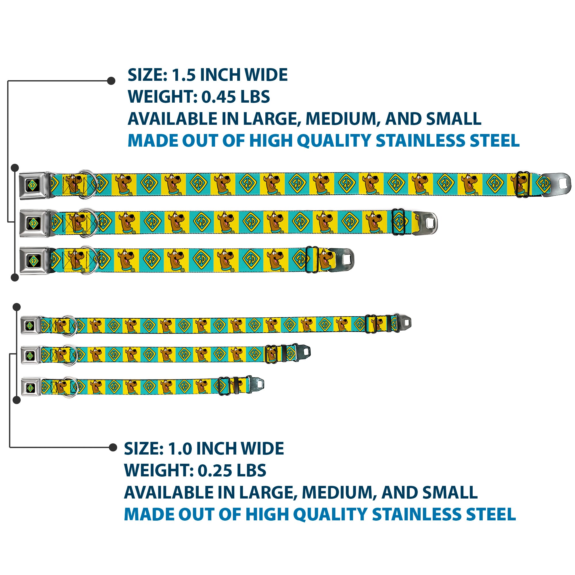 SD Dog Tag Full Color Black/Yellow/Blue Seatbelt Buckle Collar - Scooby Doo Pose and Dog Tag Blocks Yellow/Blue Seatbelt Buckle Collars Scooby Doo