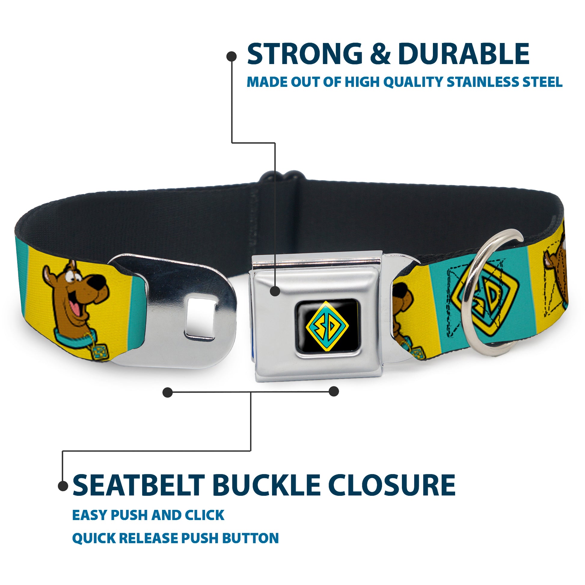 SD Dog Tag Full Color Black/Yellow/Blue Seatbelt Buckle Collar - Scooby Doo Pose and Dog Tag Blocks Yellow/Blue Seatbelt Buckle Collars Scooby Doo