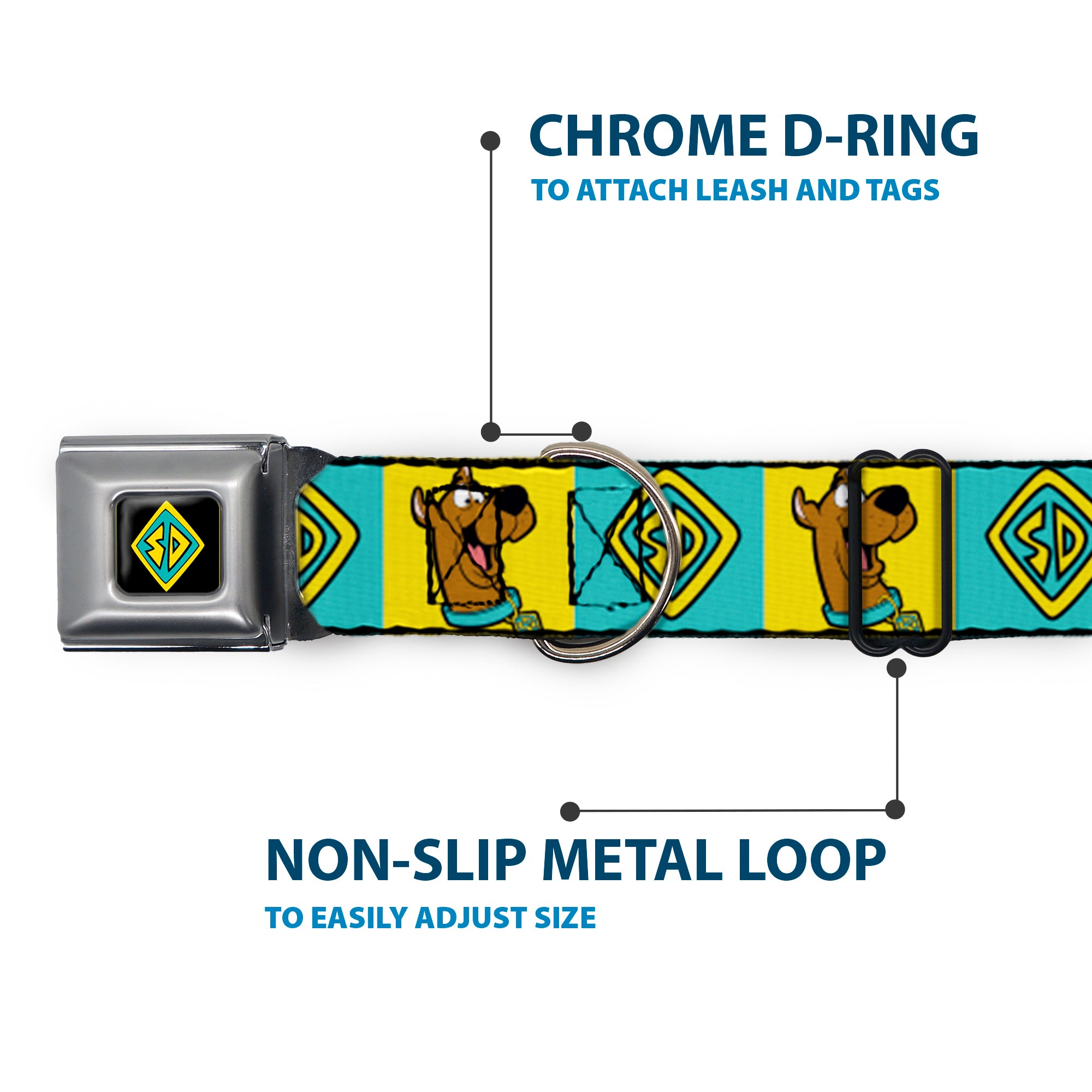 SD Dog Tag Full Color Black/Yellow/Blue Seatbelt Buckle Collar - Scooby Doo Pose and Dog Tag Blocks Yellow/Blue Seatbelt Buckle Collars Scooby Doo
