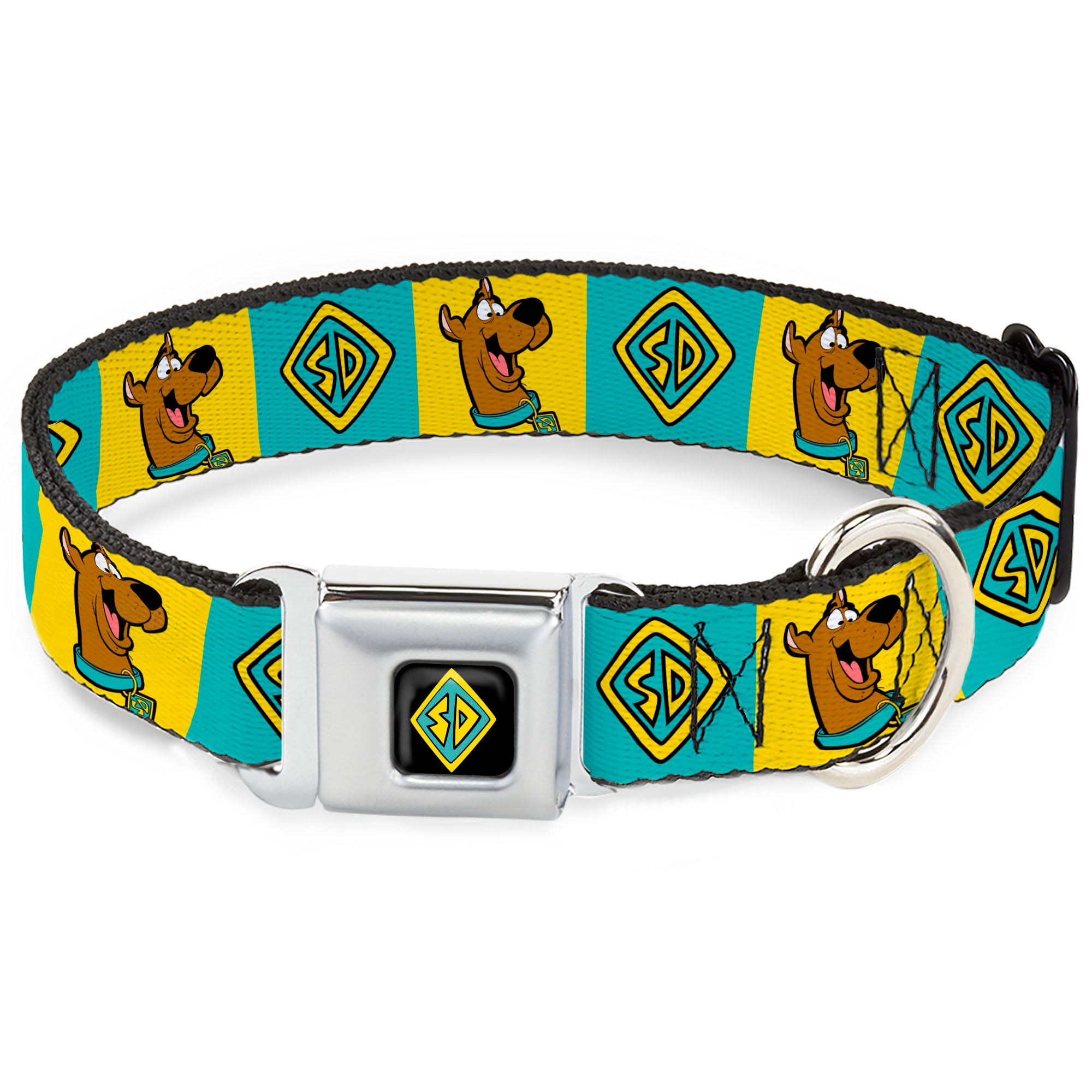 SD Dog Tag Full Color Black/Yellow/Blue Seatbelt Buckle Collar - Scooby Doo Pose and Dog Tag Blocks Yellow/Blue Seatbelt Buckle Collars Scooby Doo
