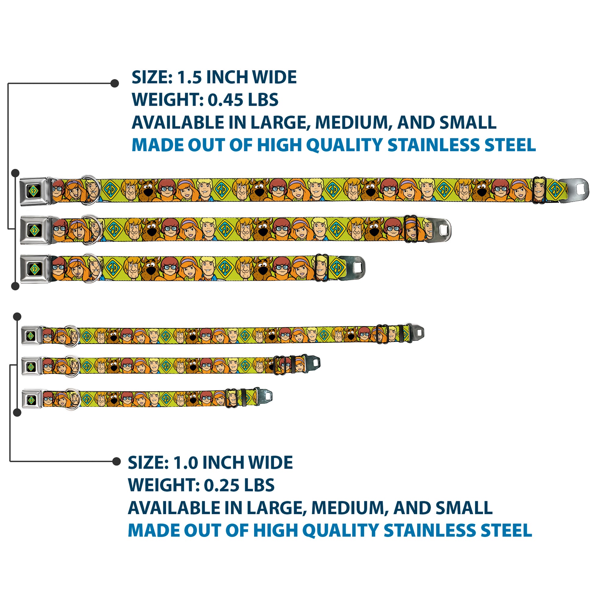 SD Dog Tag Full Color Black/Yellow/Blue Seatbelt Buckle Collar - Scooby Doo Character Faces Close-Up Green Seatbelt Buckle Collars Scooby Doo