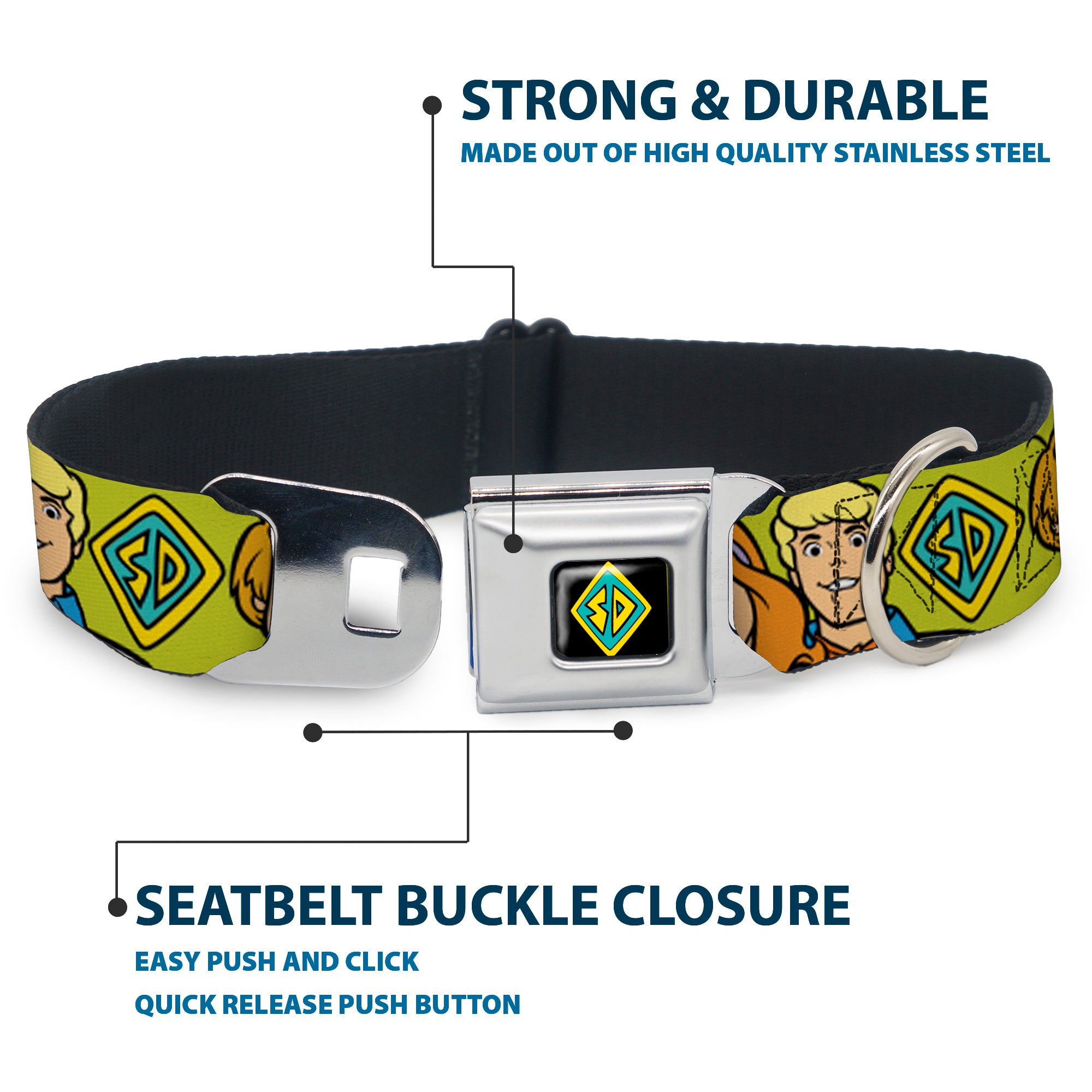 SD Dog Tag Full Color Black/Yellow/Blue Seatbelt Buckle Collar - Scooby Doo Character Faces Close-Up Green Seatbelt Buckle Collars Scooby Doo