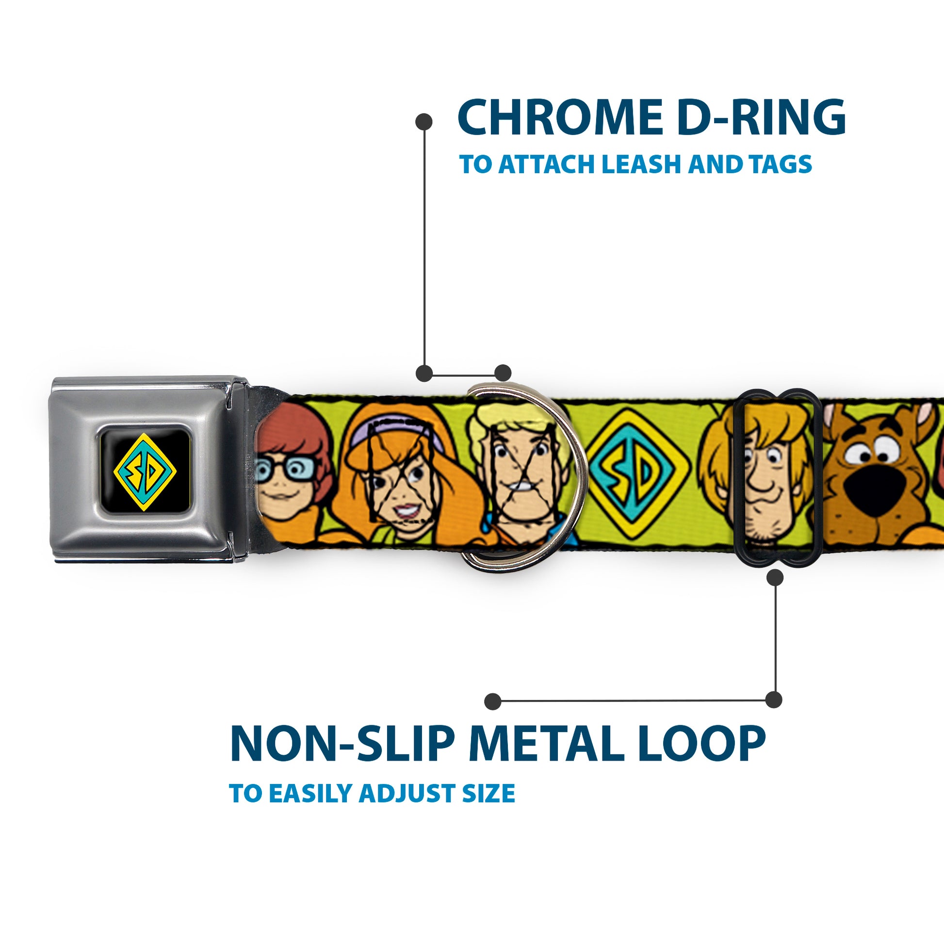 SD Dog Tag Full Color Black/Yellow/Blue Seatbelt Buckle Collar - Scooby Doo Character Faces Close-Up Green Seatbelt Buckle Collars Scooby Doo