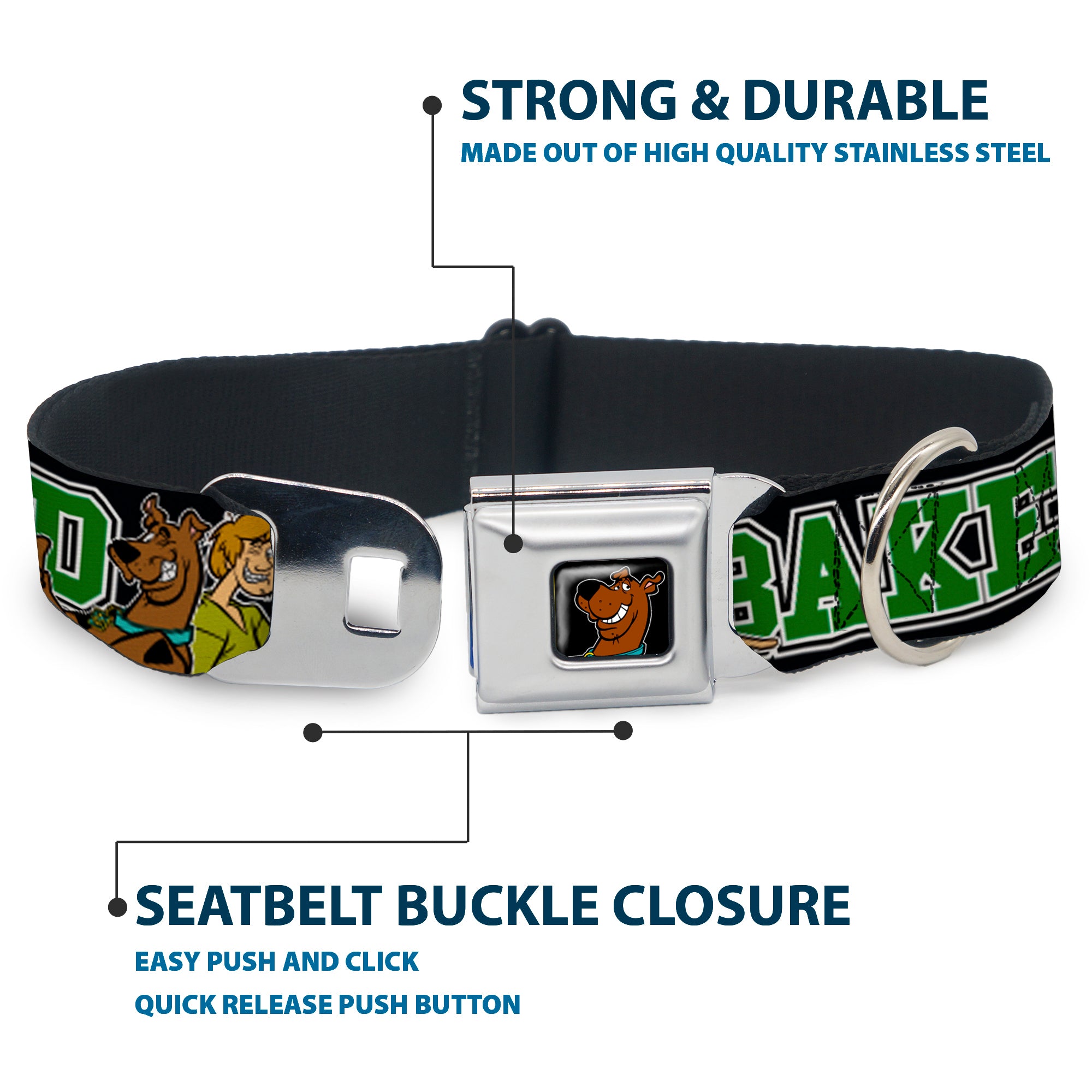 Scooby Doo Face Full Color Black Seatbelt Buckle Collar - Scooby Doo & Shaggy Pose/BAKED Black/Green Seatbelt Buckle Collars Scooby Doo