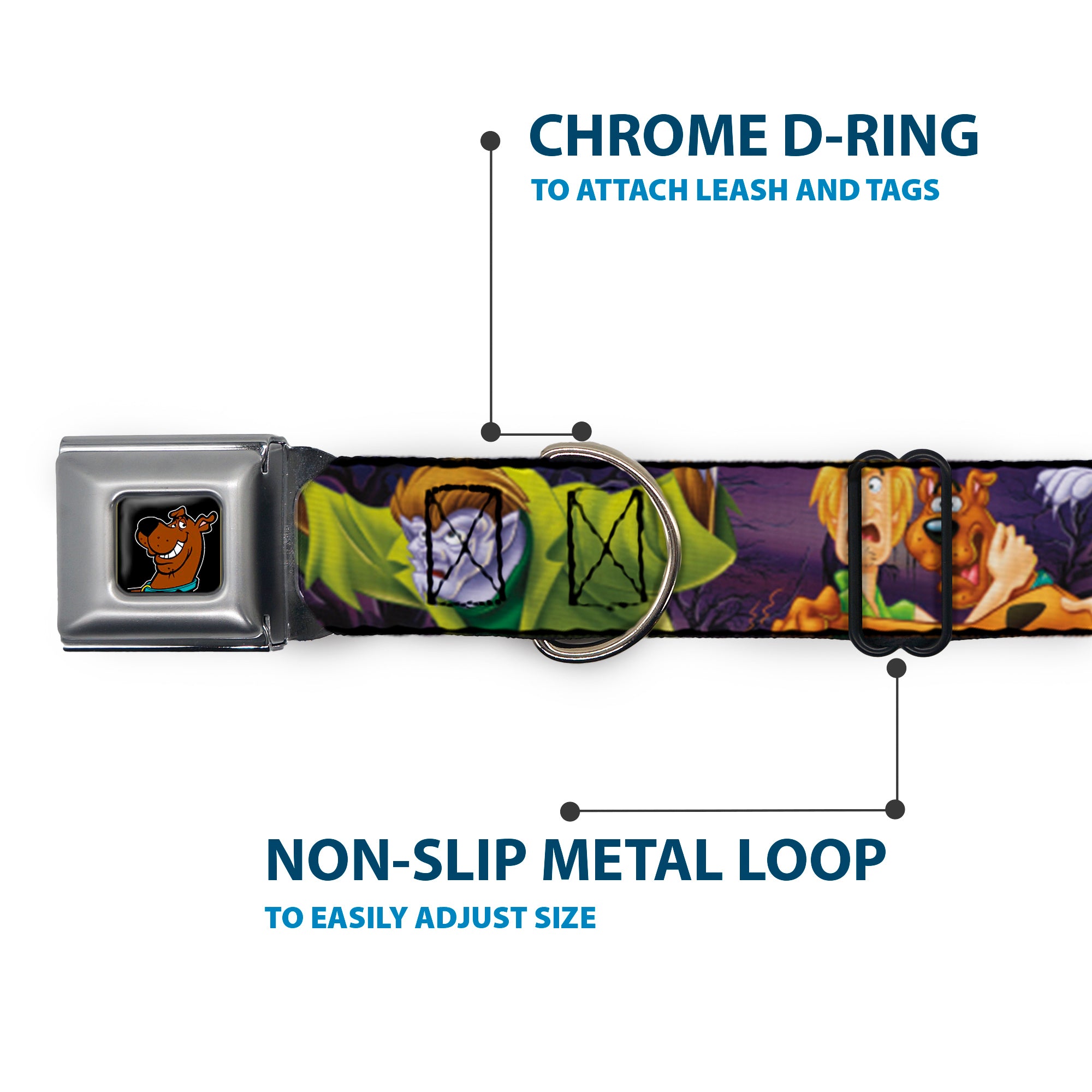 Scooby Doo Face Full Color Black Seatbelt Buckle Collar - Scooby & Shaggy Hugging w/Werewolf Man Purple Seatbelt Buckle Collars Scooby Doo