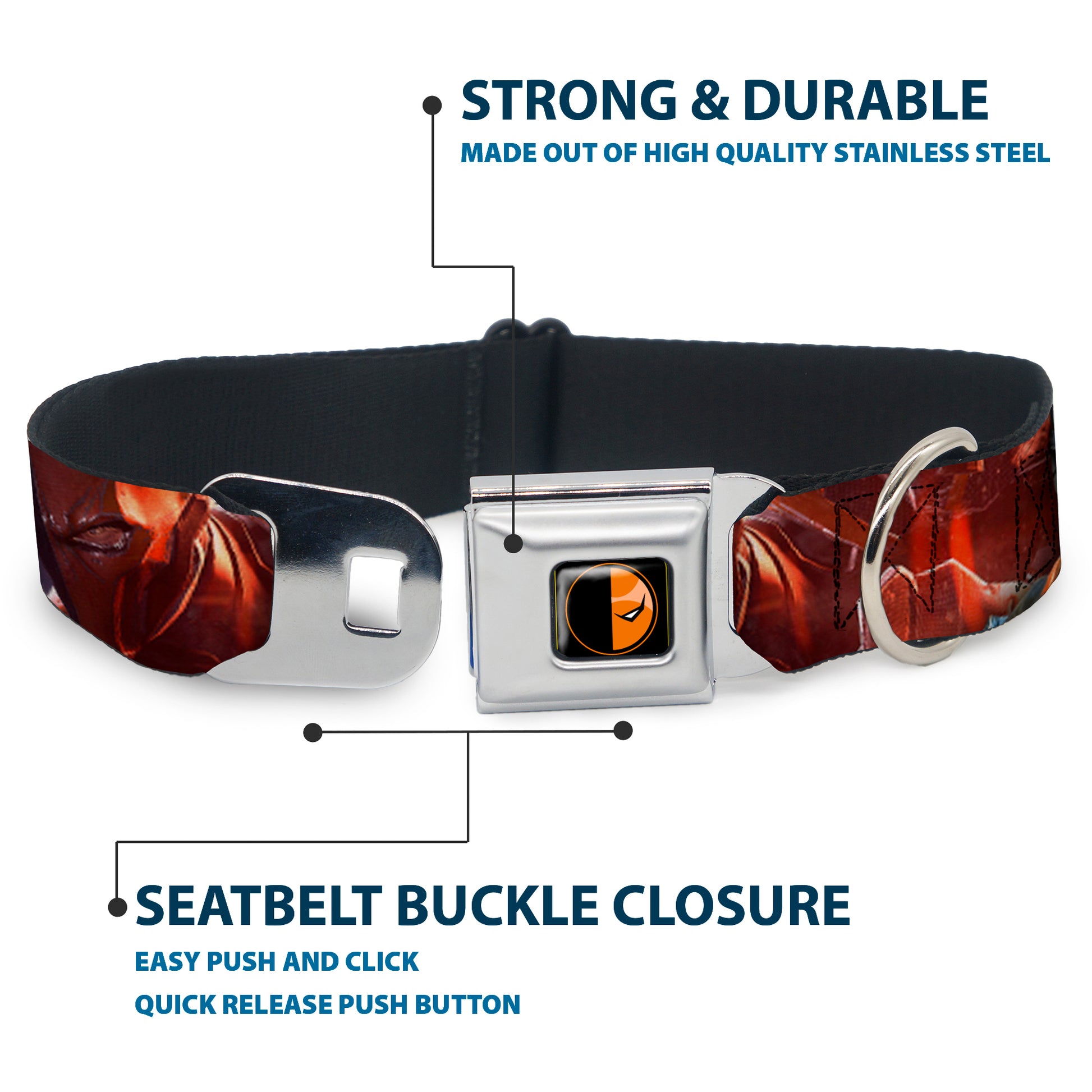 Deadstroke Logo Black/Orange-Red/White Seatbelt Buckle Collar - DEATHSTROKE Pose/BATMAN ARKHAM ORIGINS Logo Seatbelt Buckle Collars DC Comics