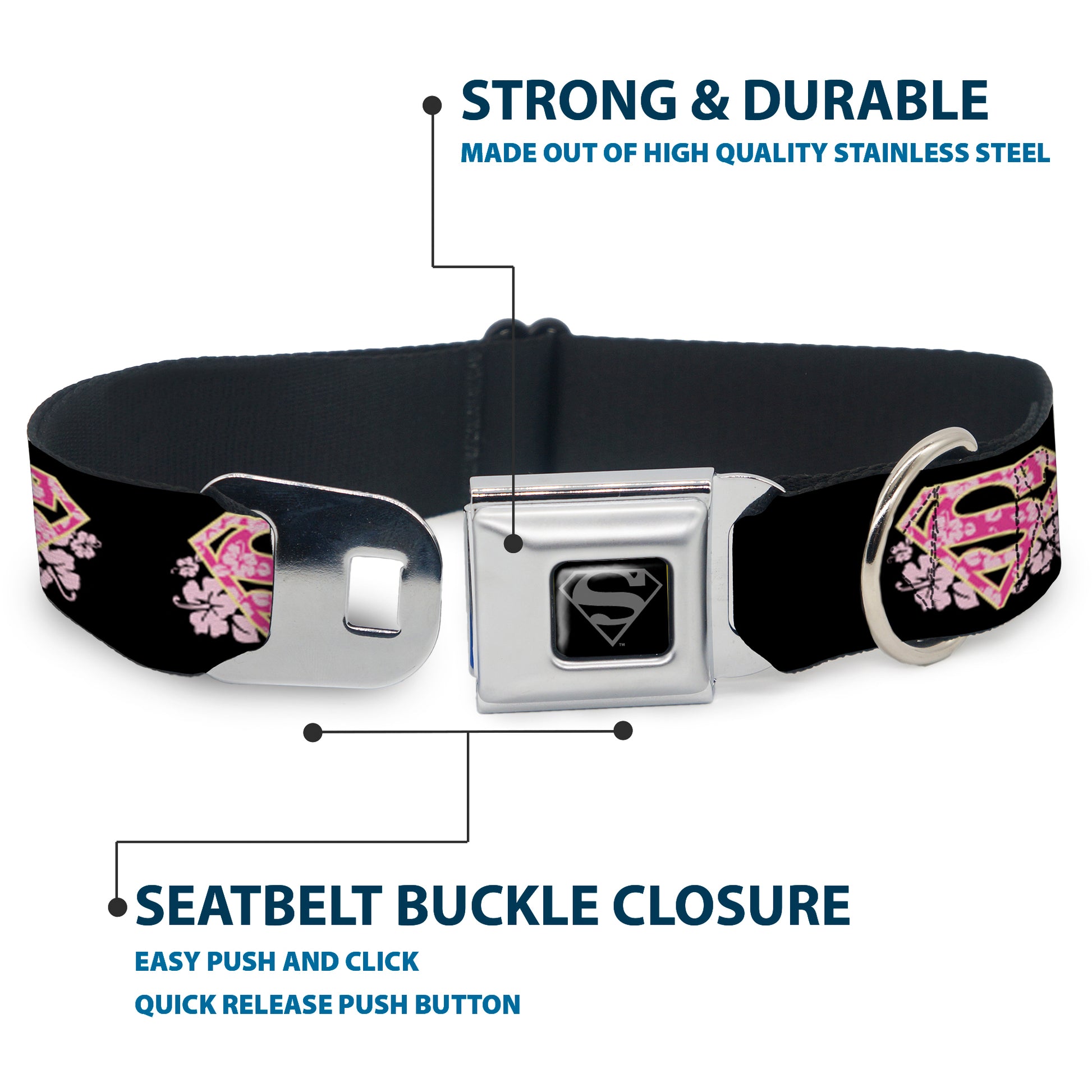 Superman Black Silver Seatbelt Buckle Collar - Super Shield Hibiscus Design Black/Pink Seatbelt Buckle Collars DC Comics