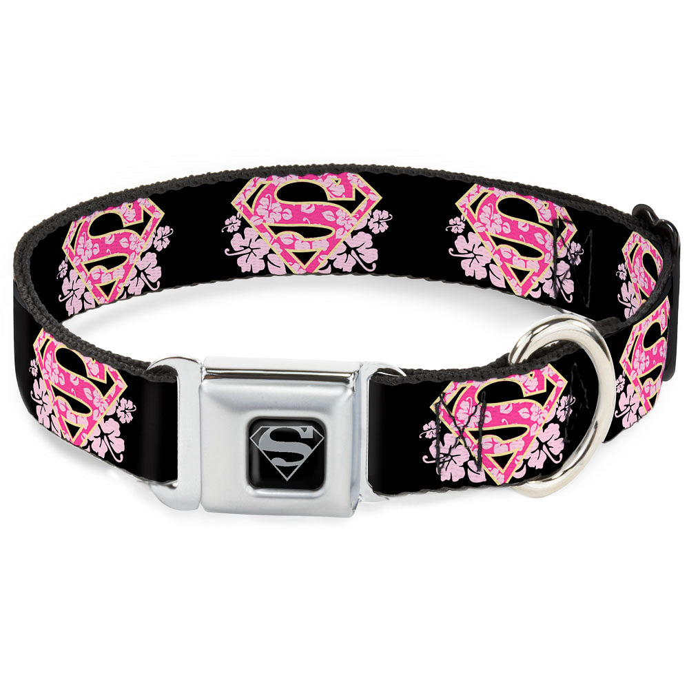 Superman Black Silver Seatbelt Buckle Collar - Super Shield Hibiscus Design Black/Pink Seatbelt Buckle Collars DC Comics