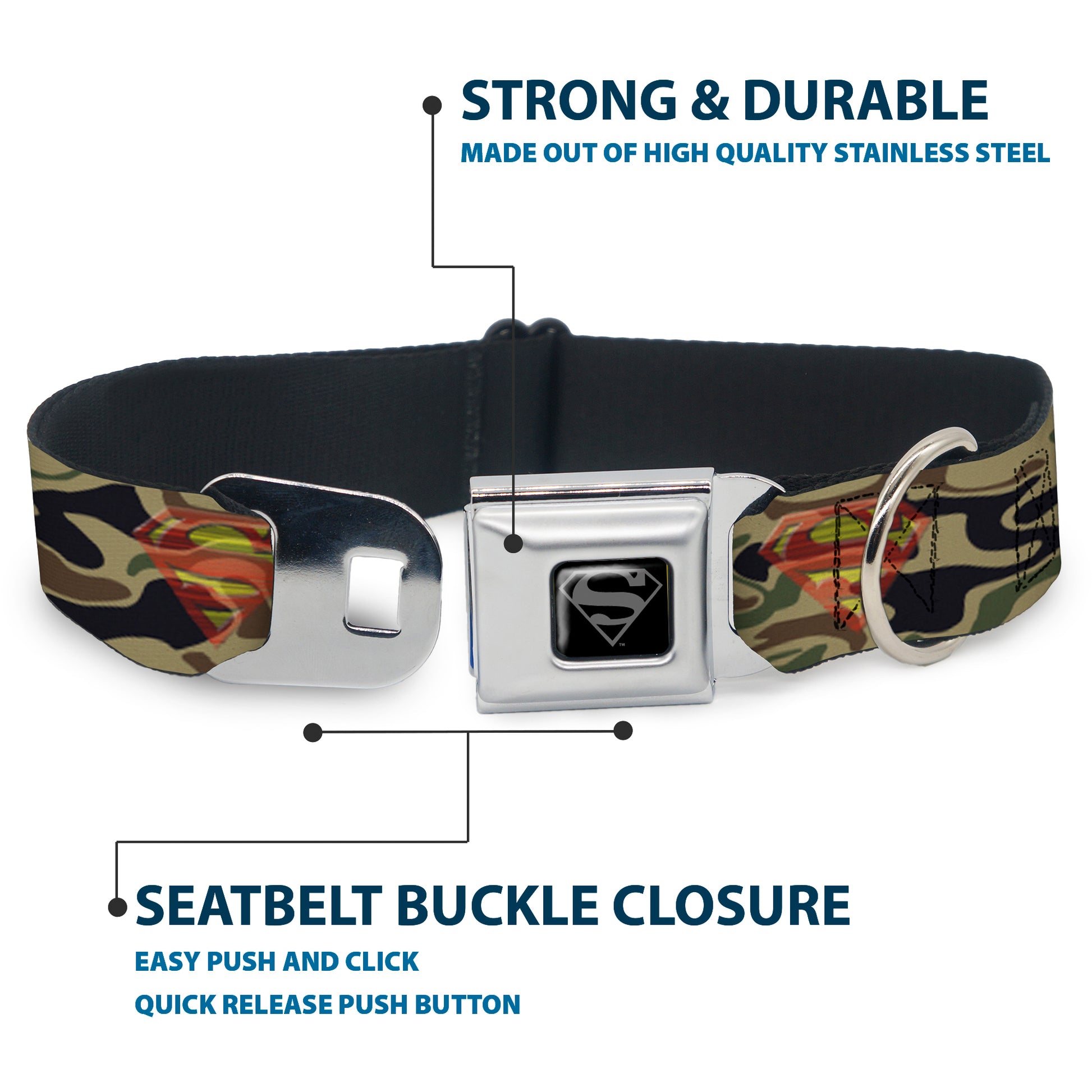Superman Black Silver Seatbelt Buckle Collar - Superman Shield Camo Olive Seatbelt Buckle Collars DC Comics