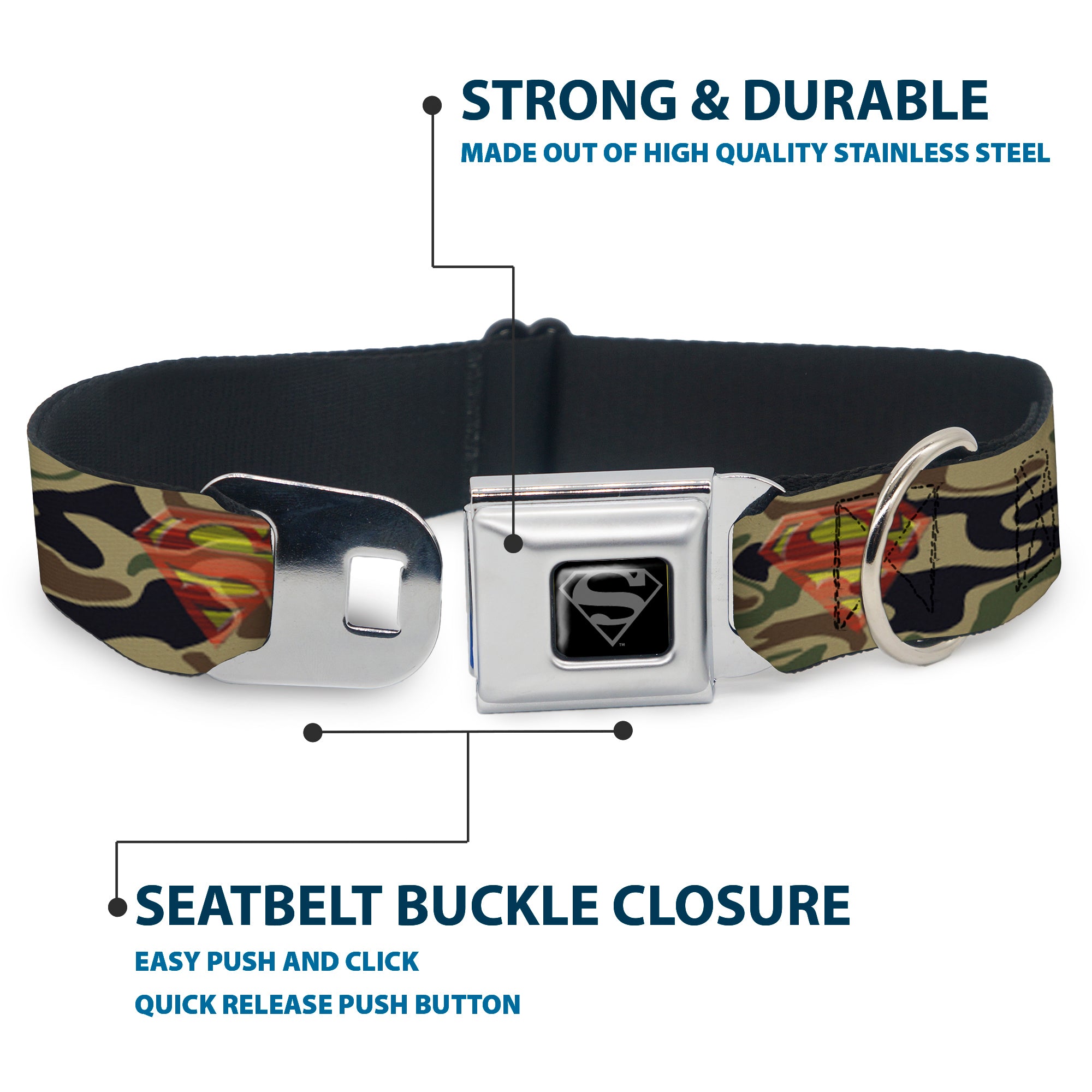 Superman Black Silver Seatbelt Buckle Collar - Superman Shield Camo Olive Seatbelt Buckle Collars DC Comics
