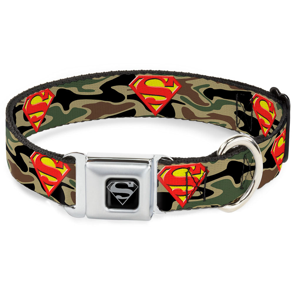 Superman Black Silver Seatbelt Buckle Collar - Superman Shield Camo Olive Seatbelt Buckle Collars DC Comics