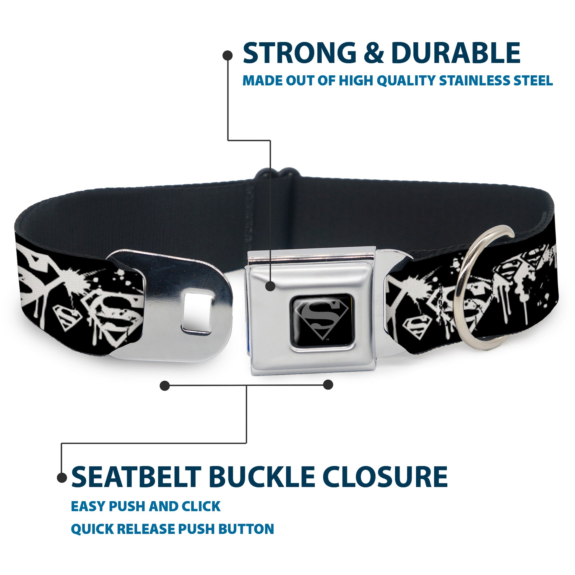 Superman Black Silver Seatbelt Buckle Collar - Superman Shield Splatter Black/White Seatbelt Buckle Collars DC Comics