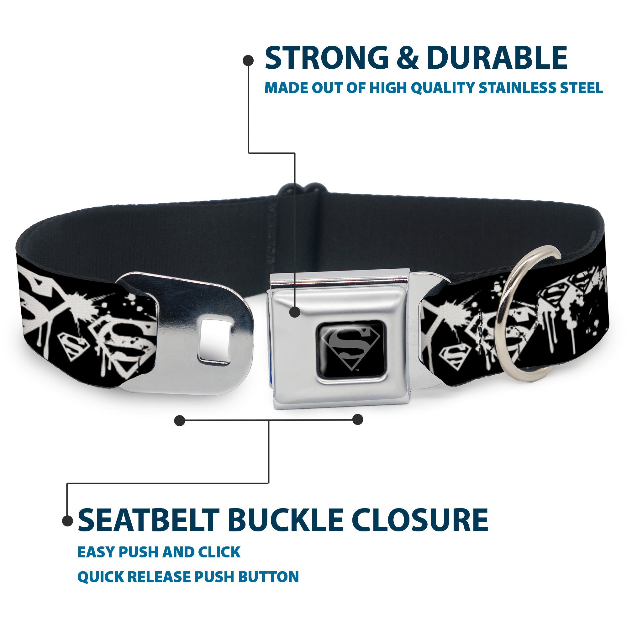 Superman Black Silver Seatbelt Buckle Collar - Superman Shield Splatter Black/White Seatbelt Buckle Collars DC Comics