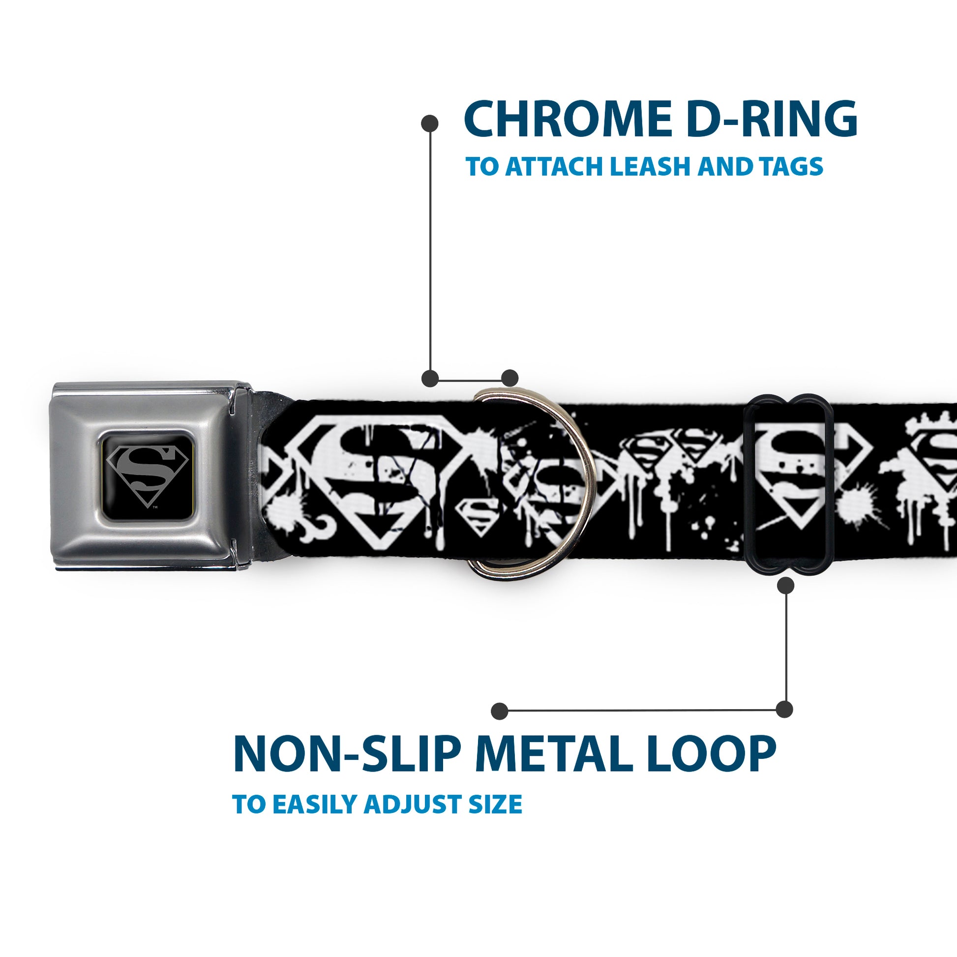 Superman Black Silver Seatbelt Buckle Collar - Superman Shield Splatter Black/White Seatbelt Buckle Collars DC Comics