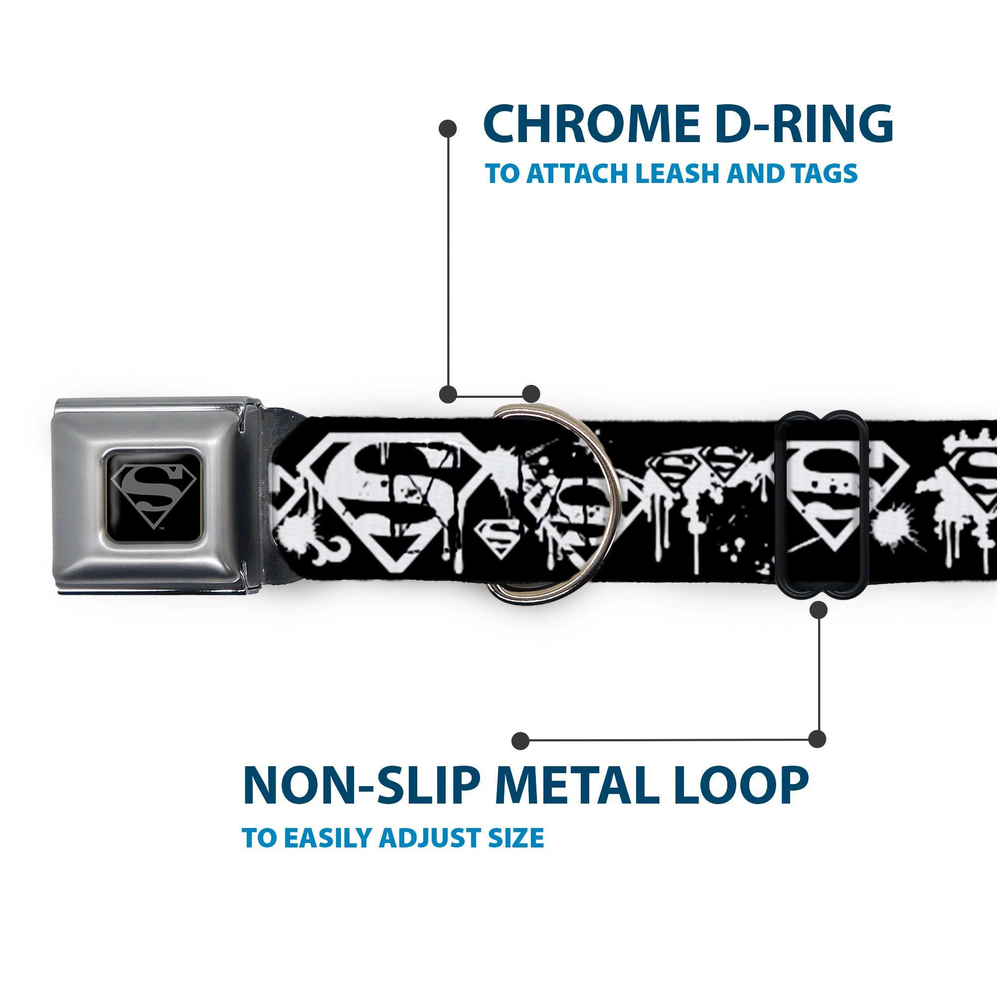 Superman Black Silver Seatbelt Buckle Collar - Superman Shield Splatter Black/White Seatbelt Buckle Collars DC Comics