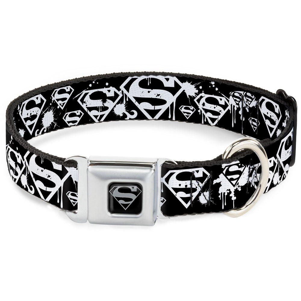 Superman Black Silver Seatbelt Buckle Collar - Superman Shield Splatter Black/White Seatbelt Buckle Collars DC Comics