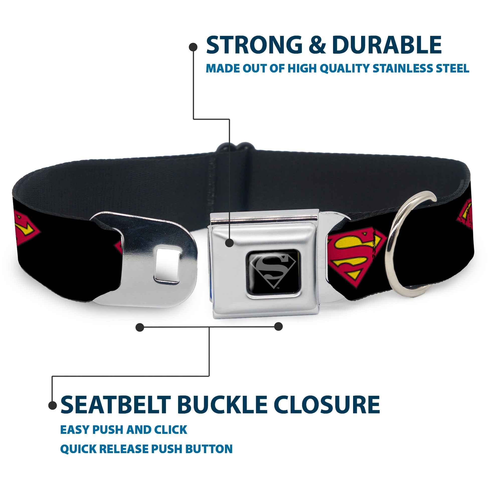Superman Black Silver Seatbelt Buckle Collar - Superman Shield Black Seatbelt Buckle Collars DC Comics