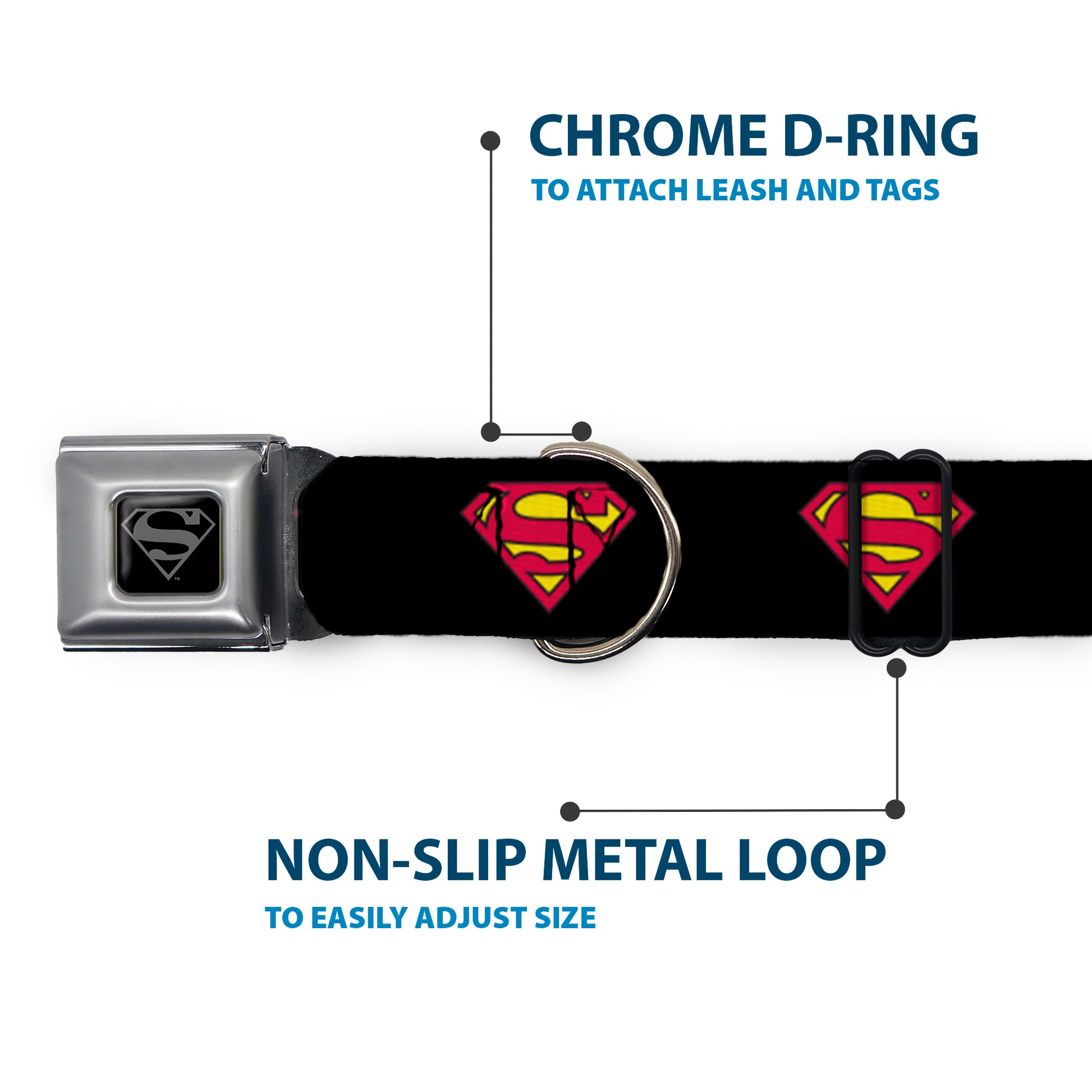 Superman Black Silver Seatbelt Buckle Collar - Superman Shield Black Seatbelt Buckle Collars DC Comics