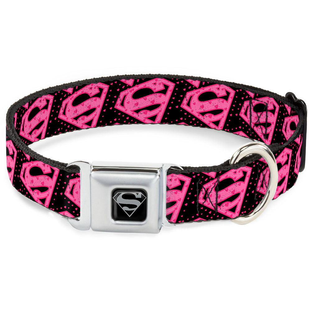 Superman Black Silver Seatbelt Buckle Collar - Diagonal Superman Logo w/Hearts Black/Pink Seatbelt Buckle Collars DC Comics