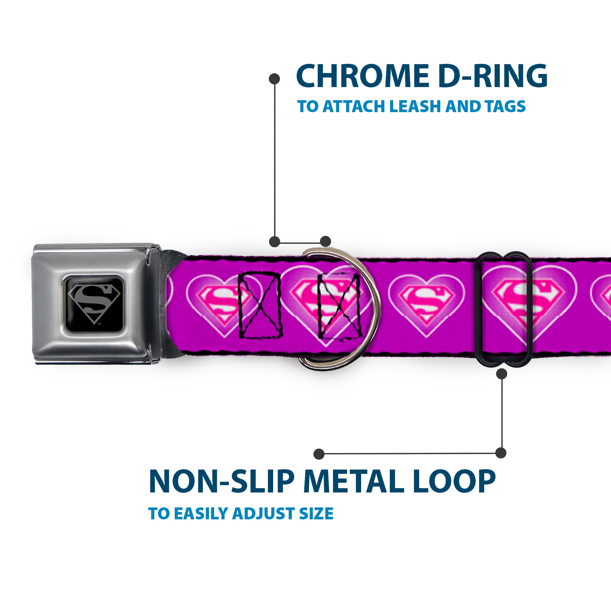 Superman Black Silver Seatbelt Buckle Collar - Superman Logo in Heart Purple/White/Pink Seatbelt Buckle Collars DC Comics