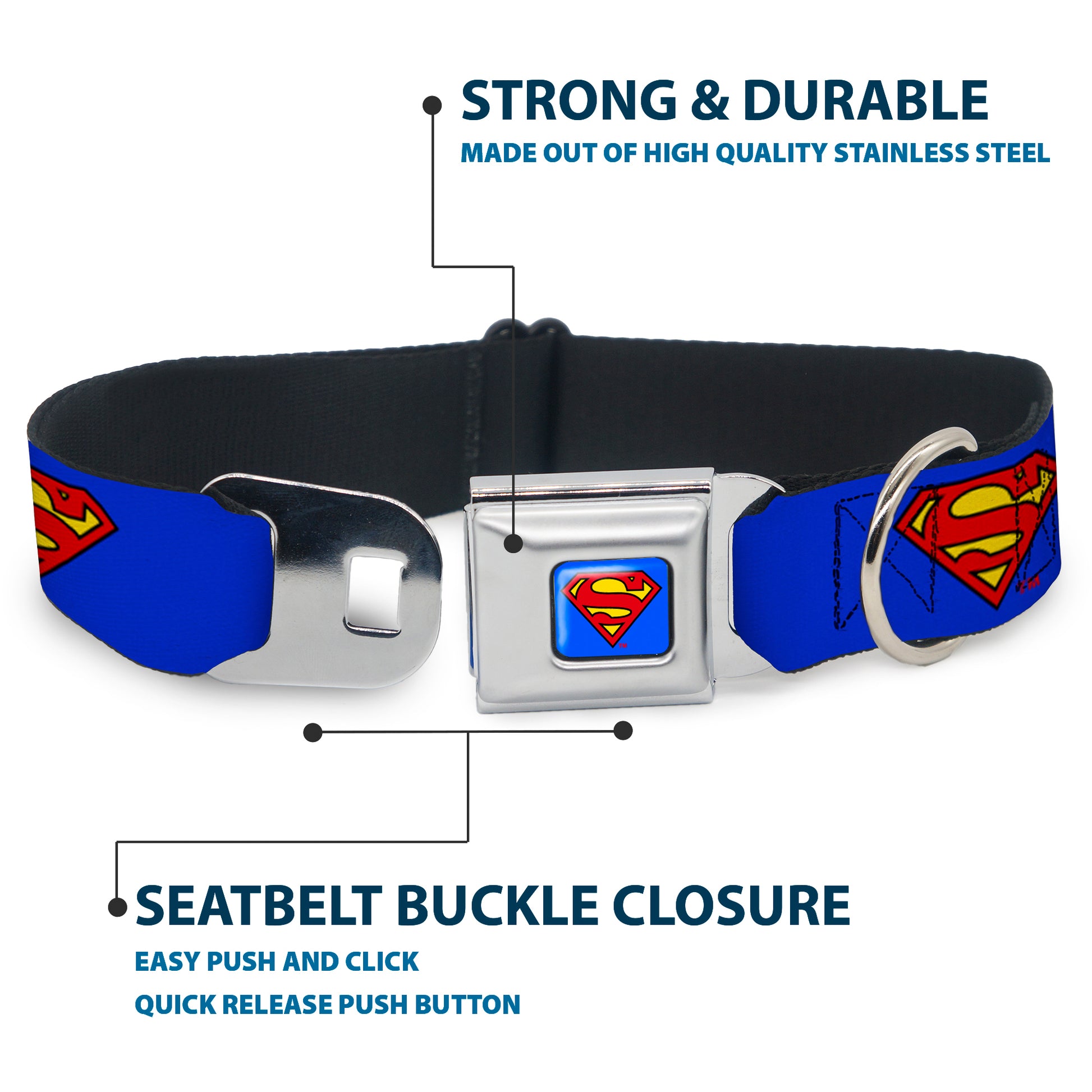Superman Full Color Blue Seatbelt Buckle Collar - Superman Shield Blue Seatbelt Buckle Collars DC Comics