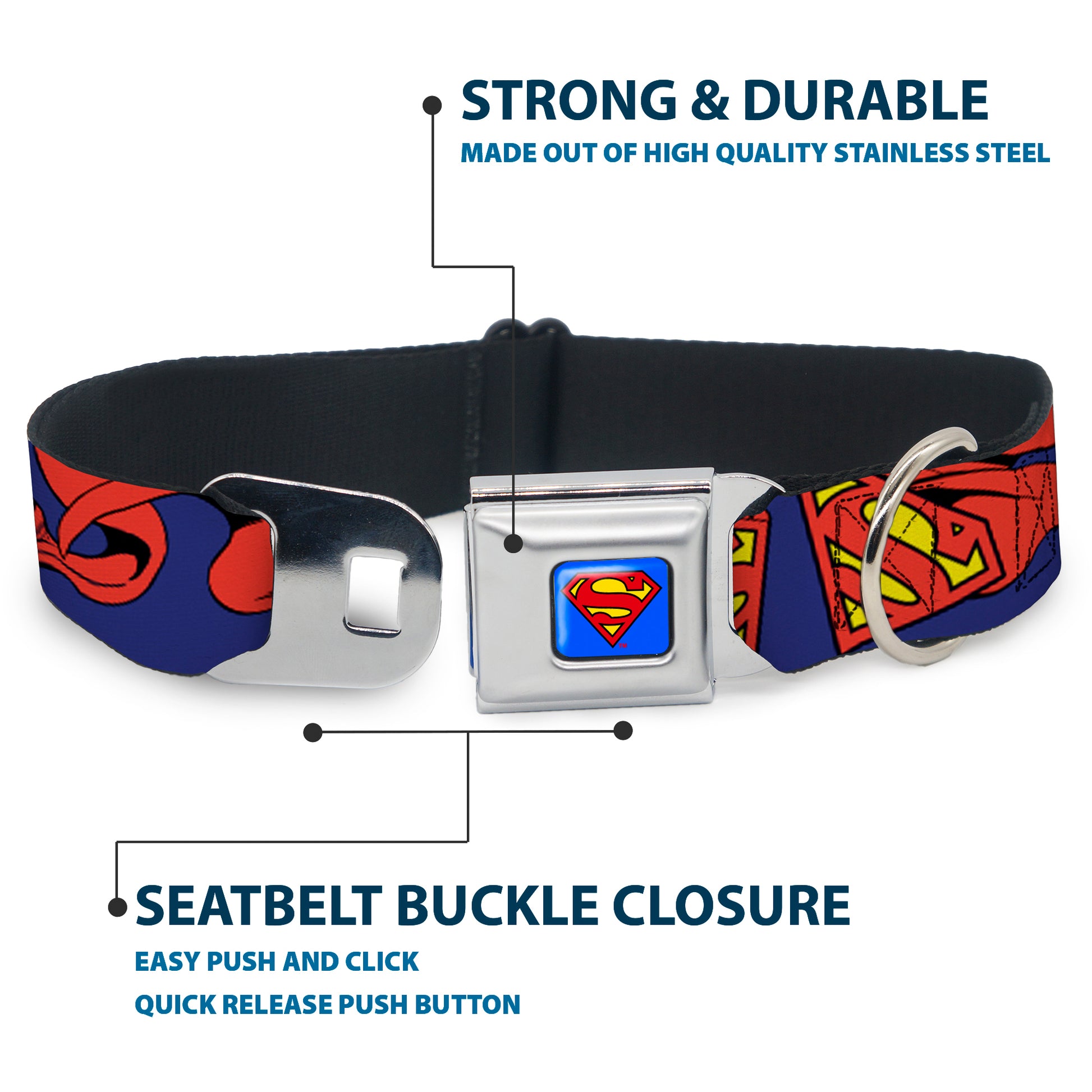 Superman Full Color Blue Seatbelt Buckle Collar - Superman Shield w/Cape Seatbelt Buckle Collars DC Comics