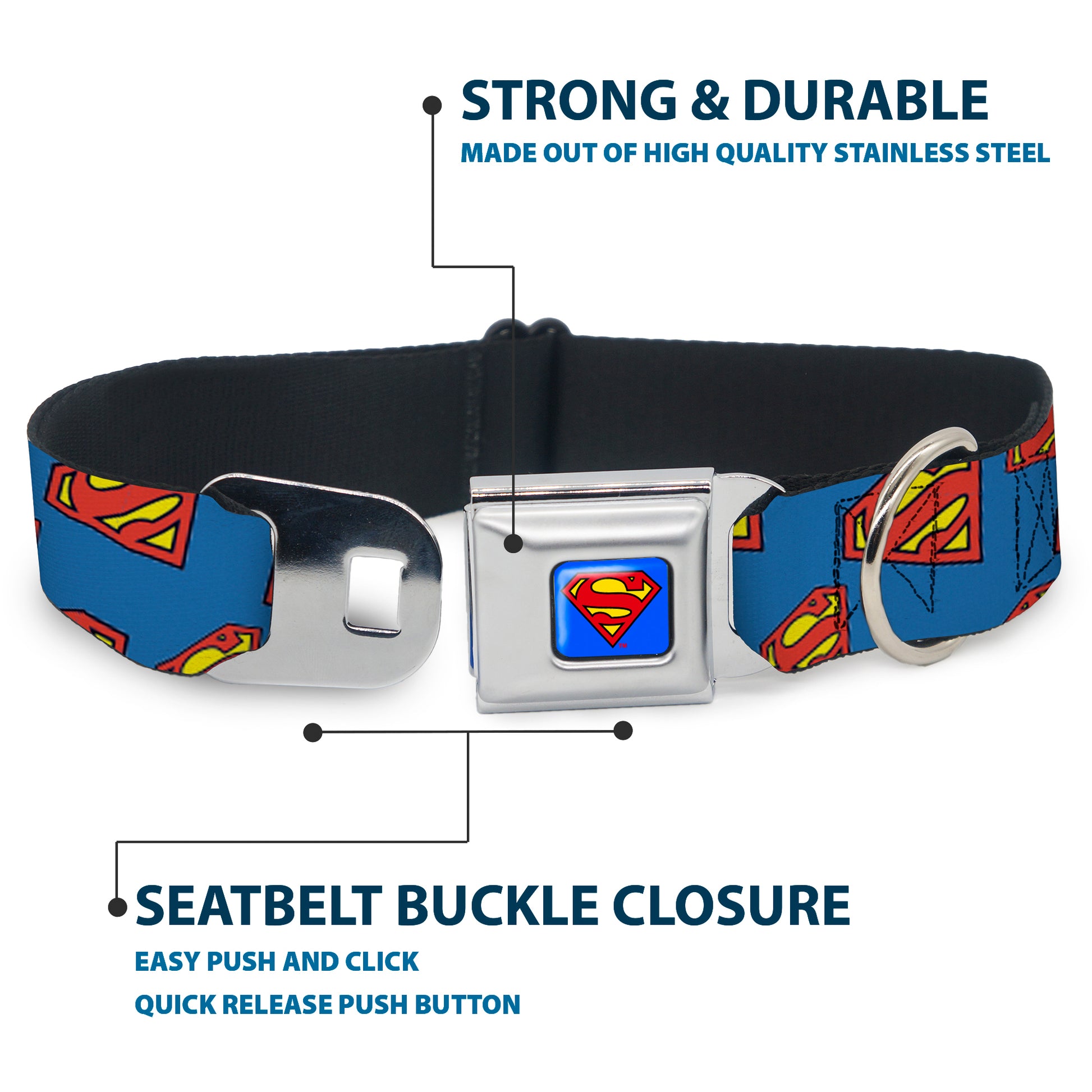 Superman Full Color Blue Seatbelt Buckle Collar - Super Shield Diagonal Royal Blue/Red Seatbelt Buckle Collars DC Comics