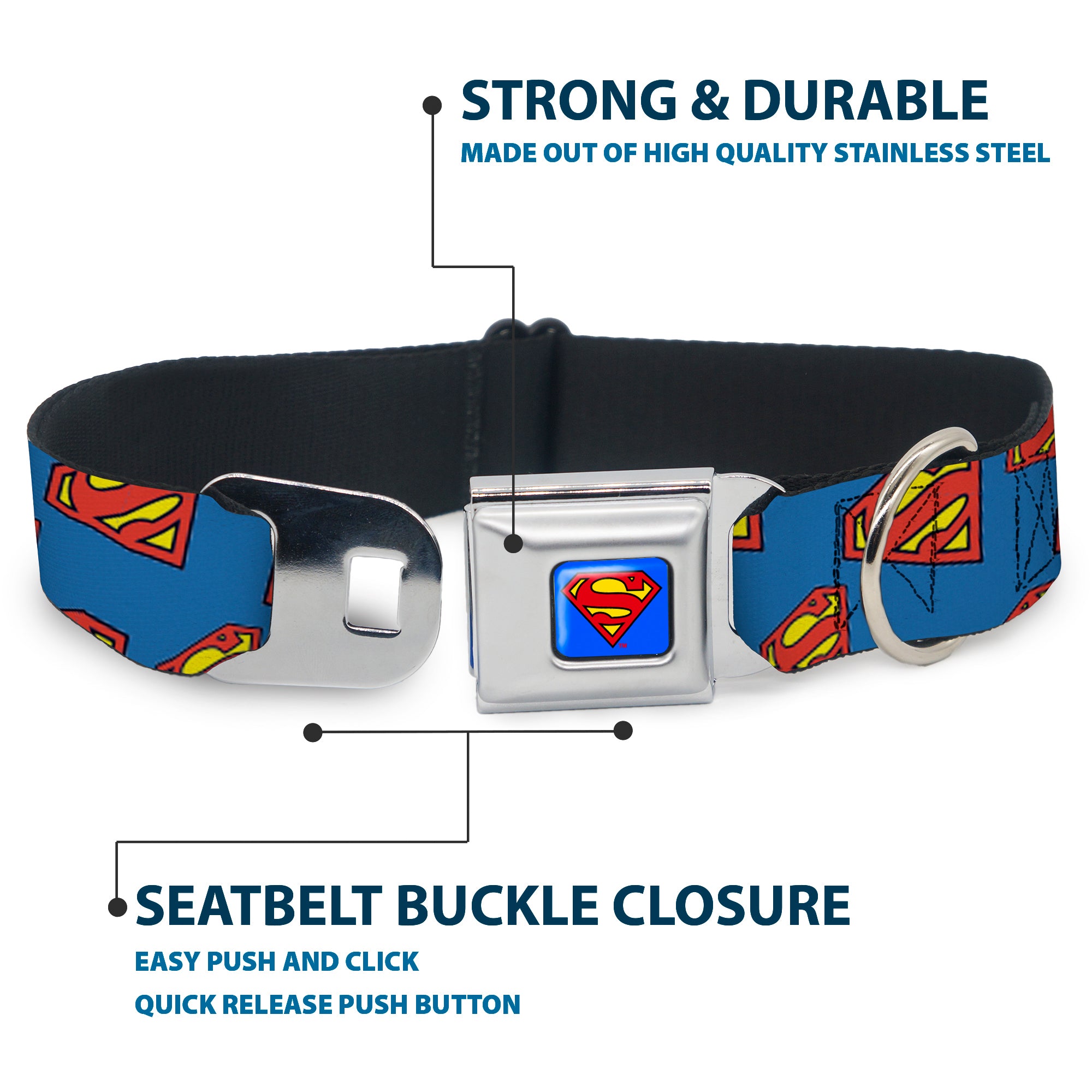 Superman Full Color Blue Seatbelt Buckle Collar - Super Shield Diagonal Royal Blue/Red Seatbelt Buckle Collars DC Comics