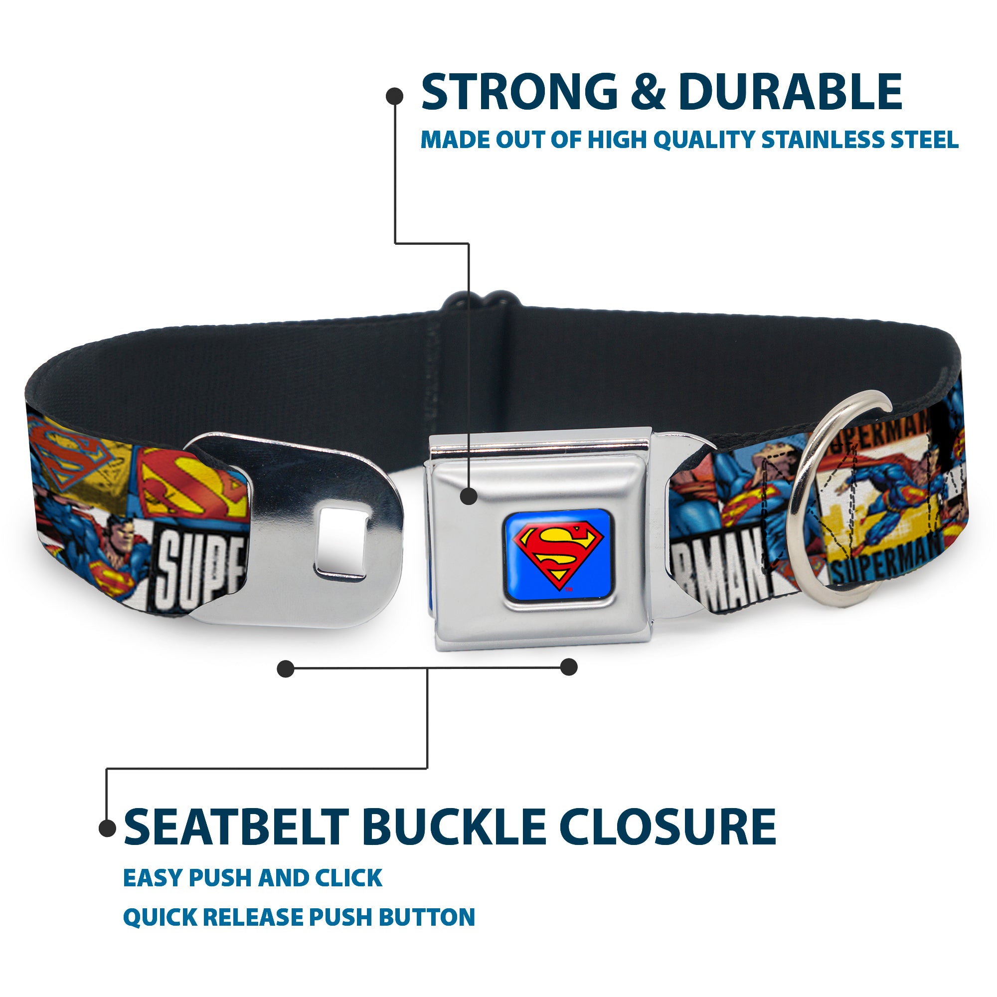 Superman Full Color Blue Seatbelt Buckle Collar - SUPERMAN Action Blocks White Seatbelt Buckle Collars DC Comics