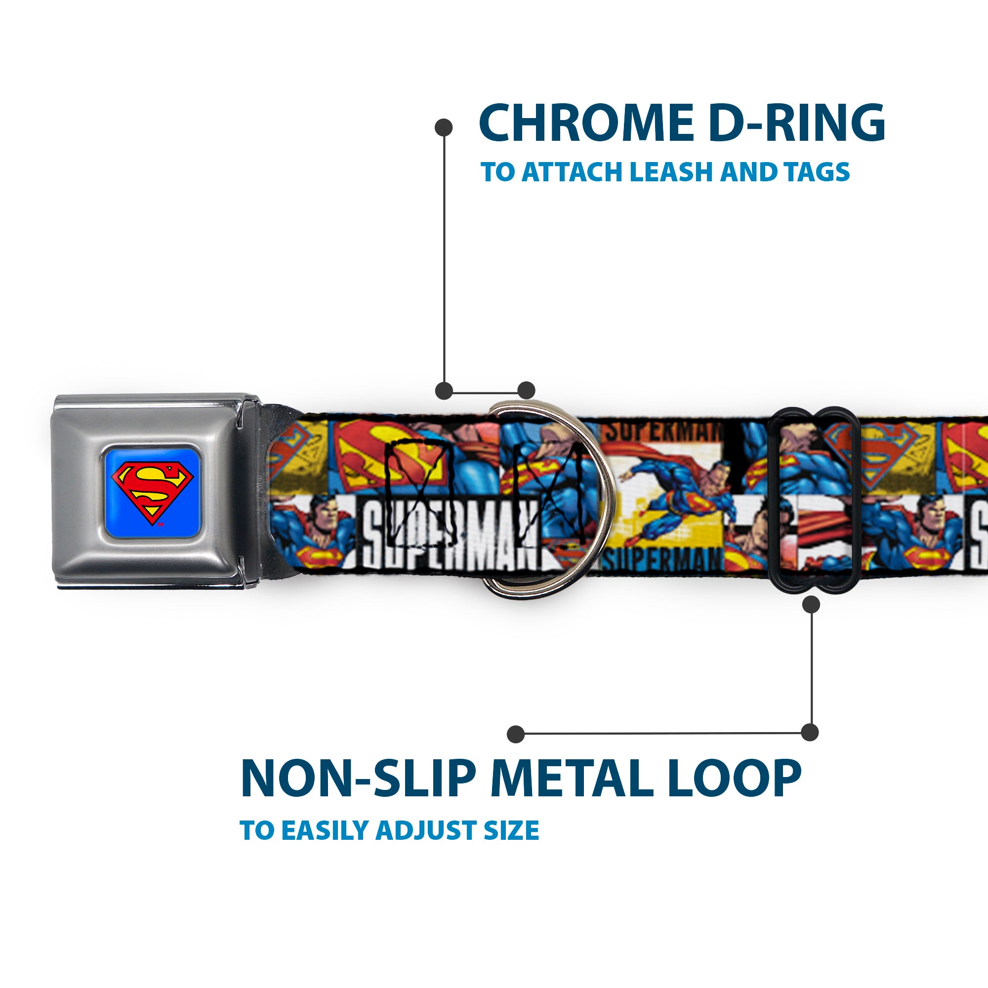 Superman Full Color Blue Seatbelt Buckle Collar - SUPERMAN Action Blocks White Seatbelt Buckle Collars DC Comics
