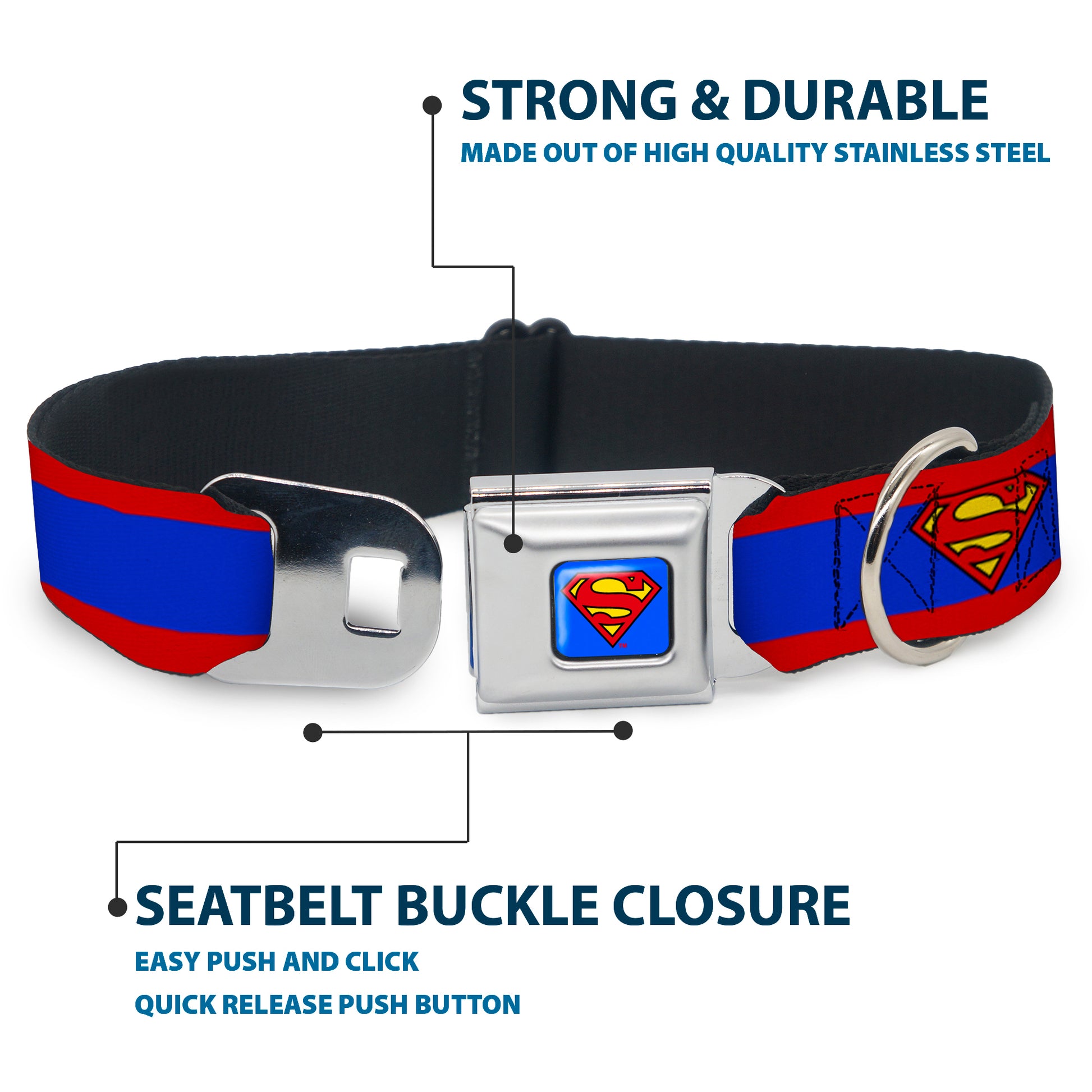 Superman Full Color Blue Seatbelt Buckle Collar - Superman Shield/Stripe Red/Blue Seatbelt Buckle Collars DC Comics