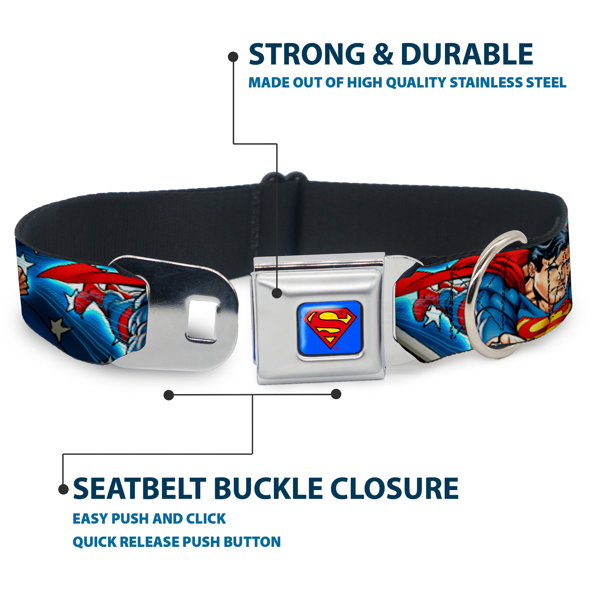 Superman Full Color Blue Seatbelt Buckle Collar - Superman Action Poses/Stars & Stripes Seatbelt Buckle Collars DC Comics