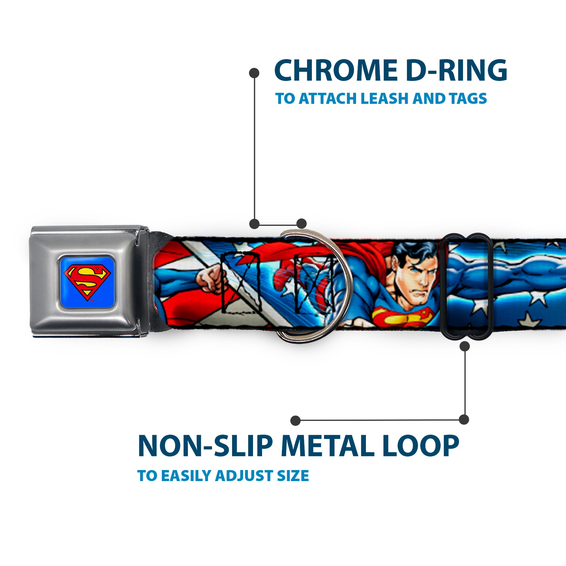 Superman Full Color Blue Seatbelt Buckle Collar - Superman Action Poses/Stars & Stripes Seatbelt Buckle Collars DC Comics