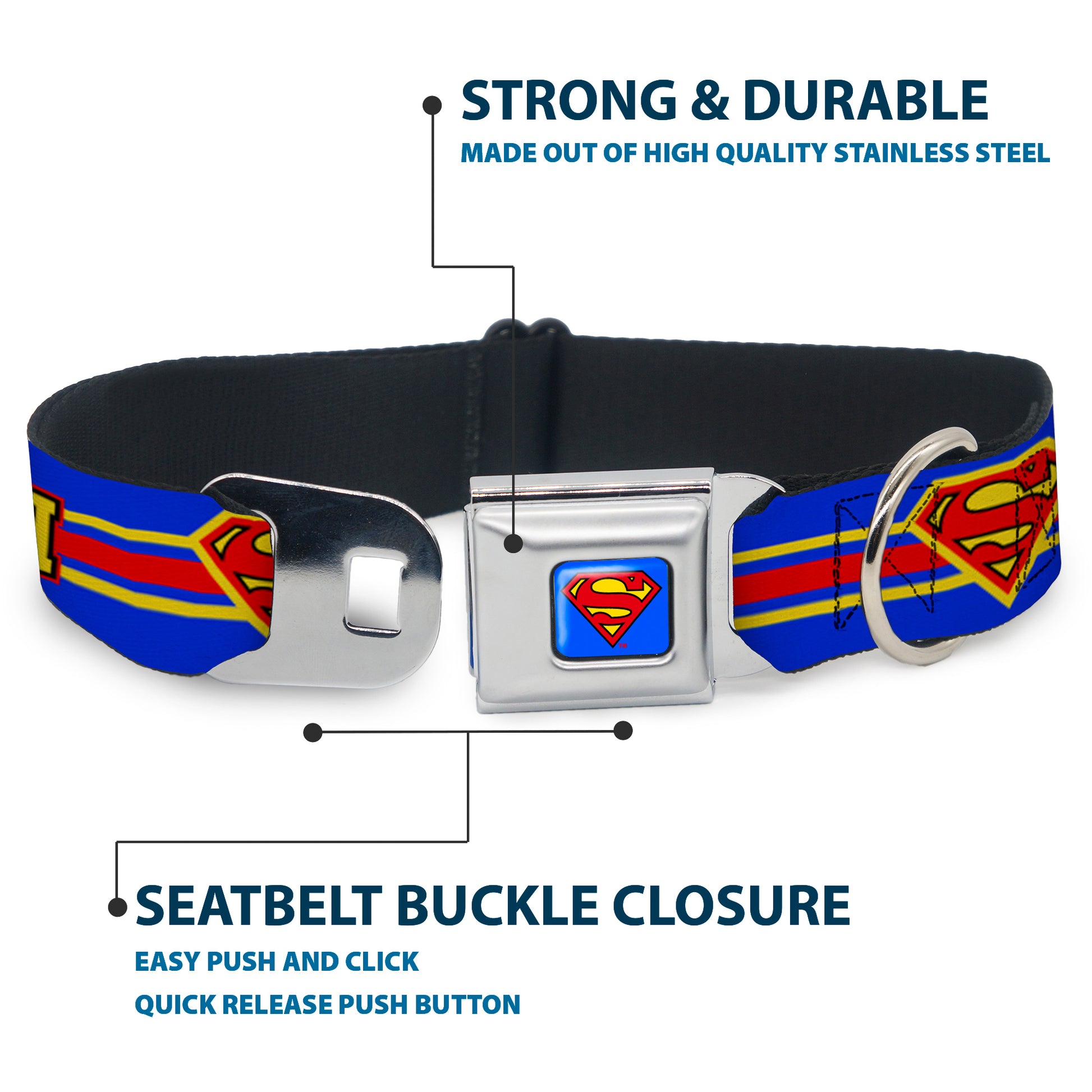 Superman Full Color Blue Seatbelt Buckle Collar - SUPERMAN/Shield Stripe Blue/Yellow/Red Seatbelt Buckle Collars DC Comics