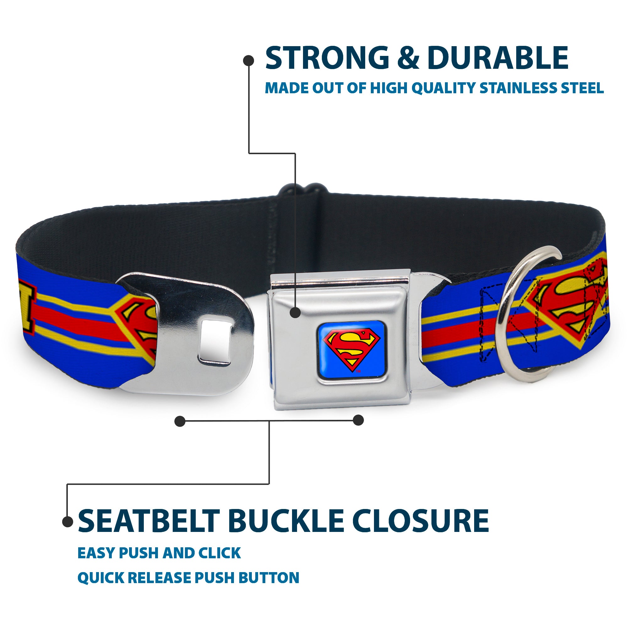 Superman Full Color Blue Seatbelt Buckle Collar - SUPERMAN/Shield Stripe Blue/Yellow/Red Seatbelt Buckle Collars DC Comics