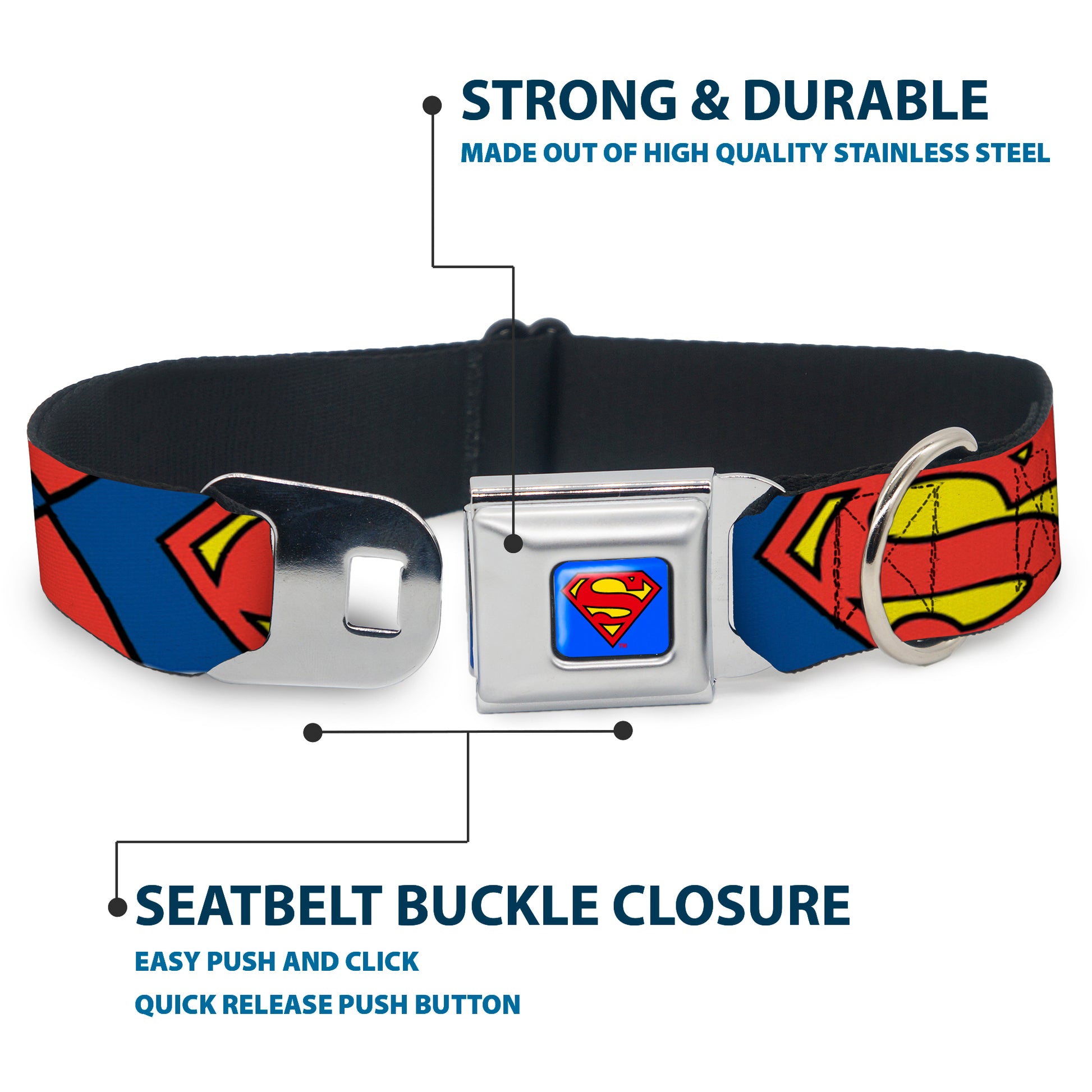Superman Blue Seatbelt Buckle Collar - Superman Shield CLOSE-UP Blue/Red/Yellow Seatbelt Buckle Collars DC Comics