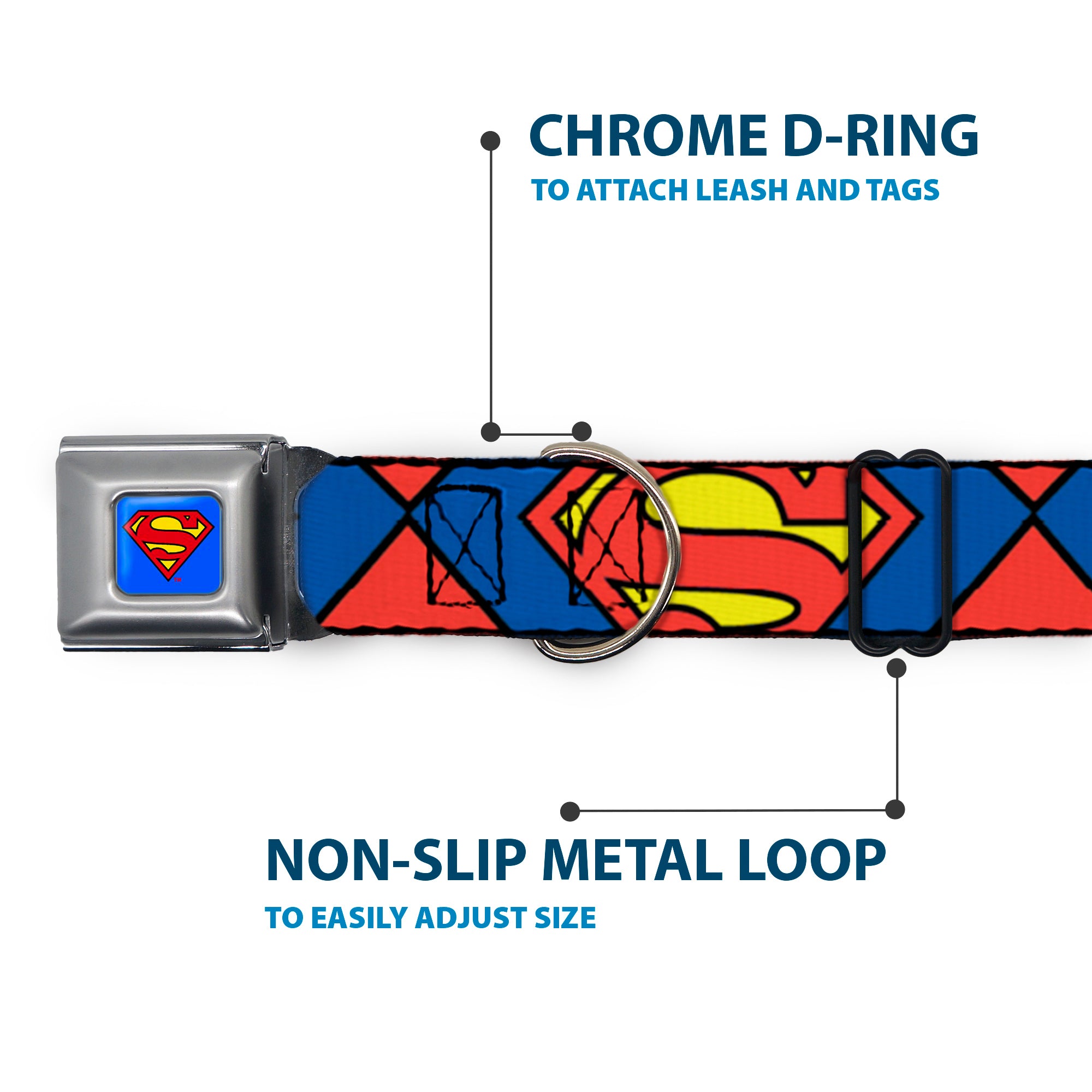 Superman Blue Seatbelt Buckle Collar - Superman Shield CLOSE-UP Blue/Red/Yellow Seatbelt Buckle Collars DC Comics