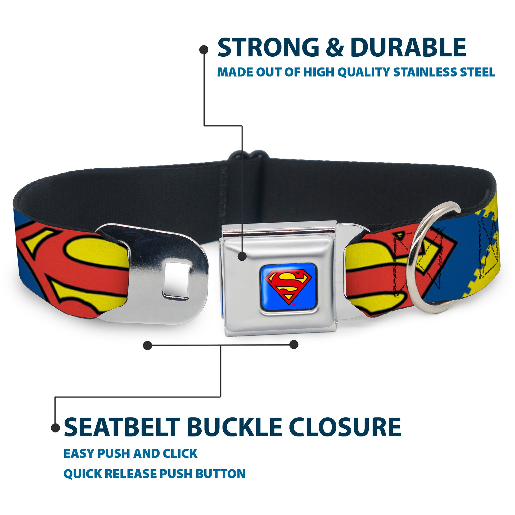 Superman Blue Seatbelt Buckle Collar - Jagged Superman Shield CLOSE-UP Yellow/Blue/Red Seatbelt Buckle Collars DC Comics