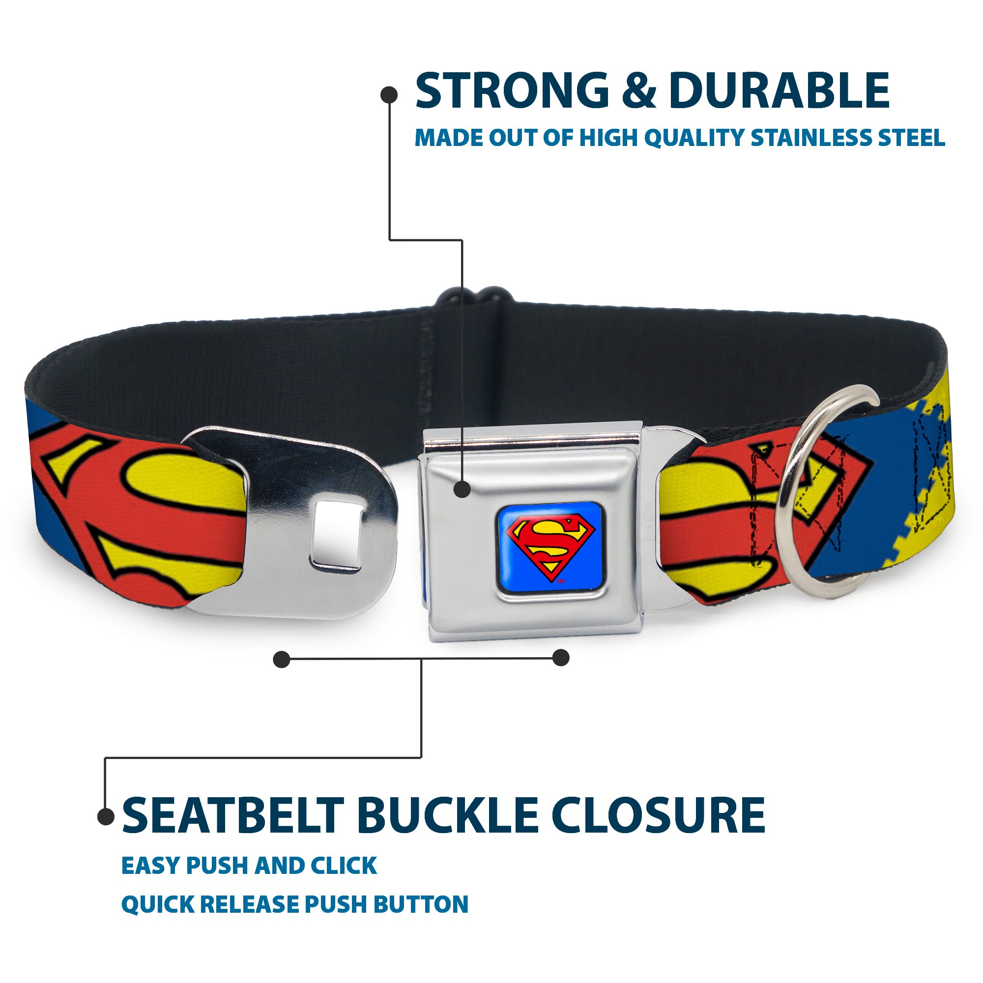 Superman Blue Seatbelt Buckle Collar - Jagged Superman Shield CLOSE-UP Yellow/Blue/Red Seatbelt Buckle Collars DC Comics