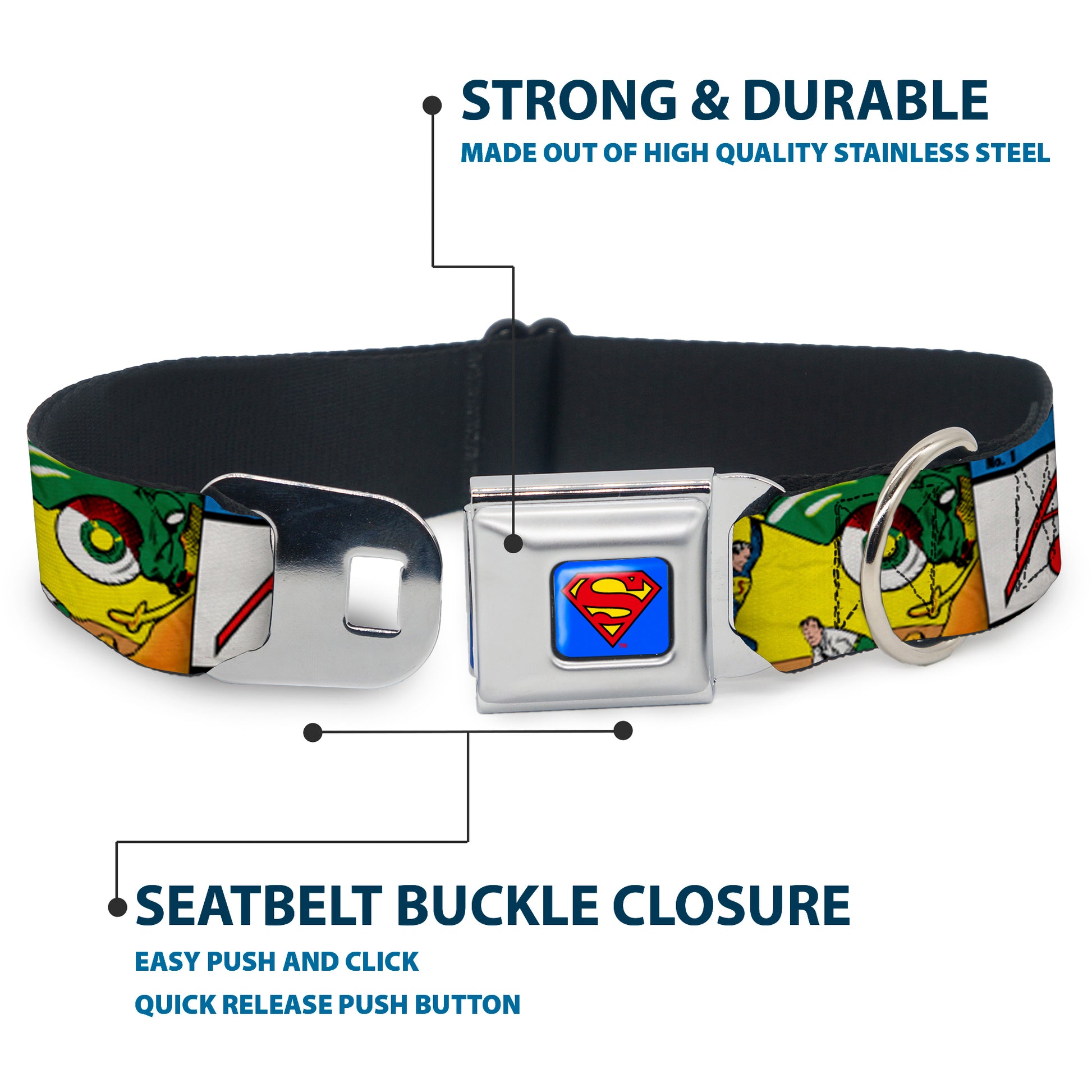 Superman Blue Seatbelt Buckle Collar - Classic ACTION COMICS Issue #1 Cover Superman Lifting Car Stacked Seatbelt Buckle Collars DC Comics