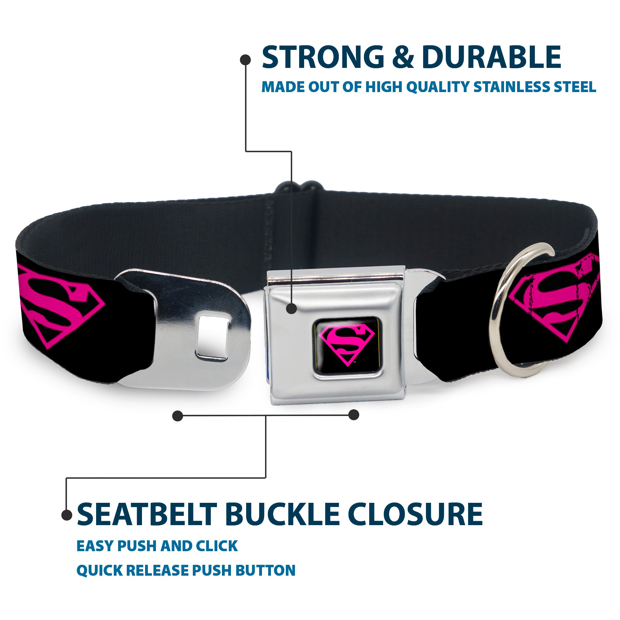 Superman Black/Hot Pink Seatbelt Buckle Collar - Superman Shield Black/Hot Pink Seatbelt Buckle Collars DC Comics