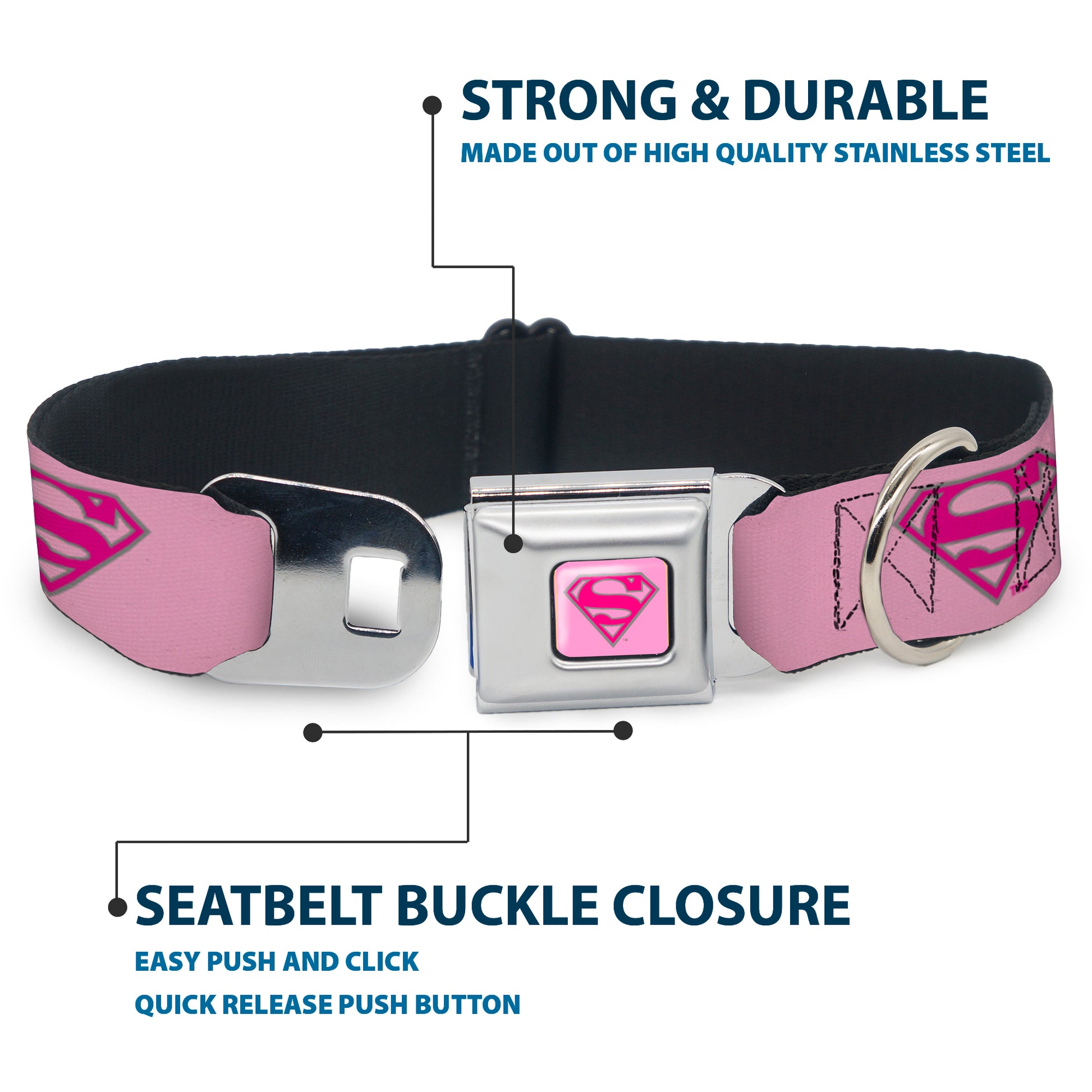 Superman Full Color Pink Seatbelt Buckle Collar - Superman Shield Pink Seatbelt Buckle Collars DC Comics