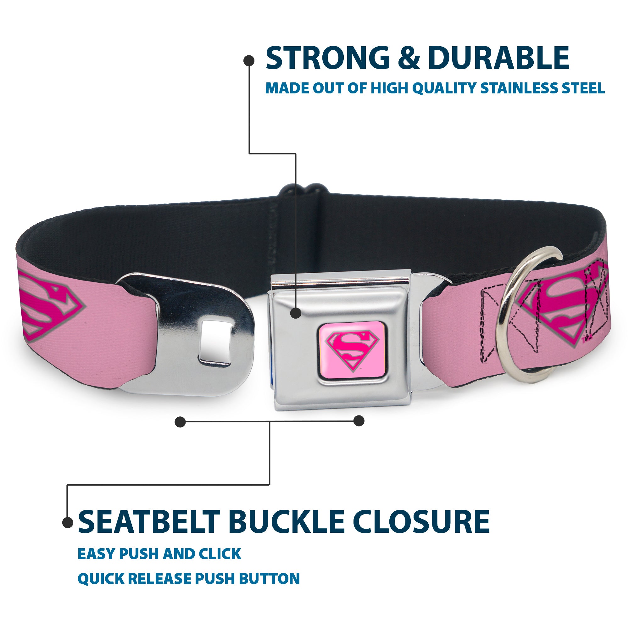 Superman Full Color Pink Seatbelt Buckle Collar - Superman Shield Pink Seatbelt Buckle Collars DC Comics