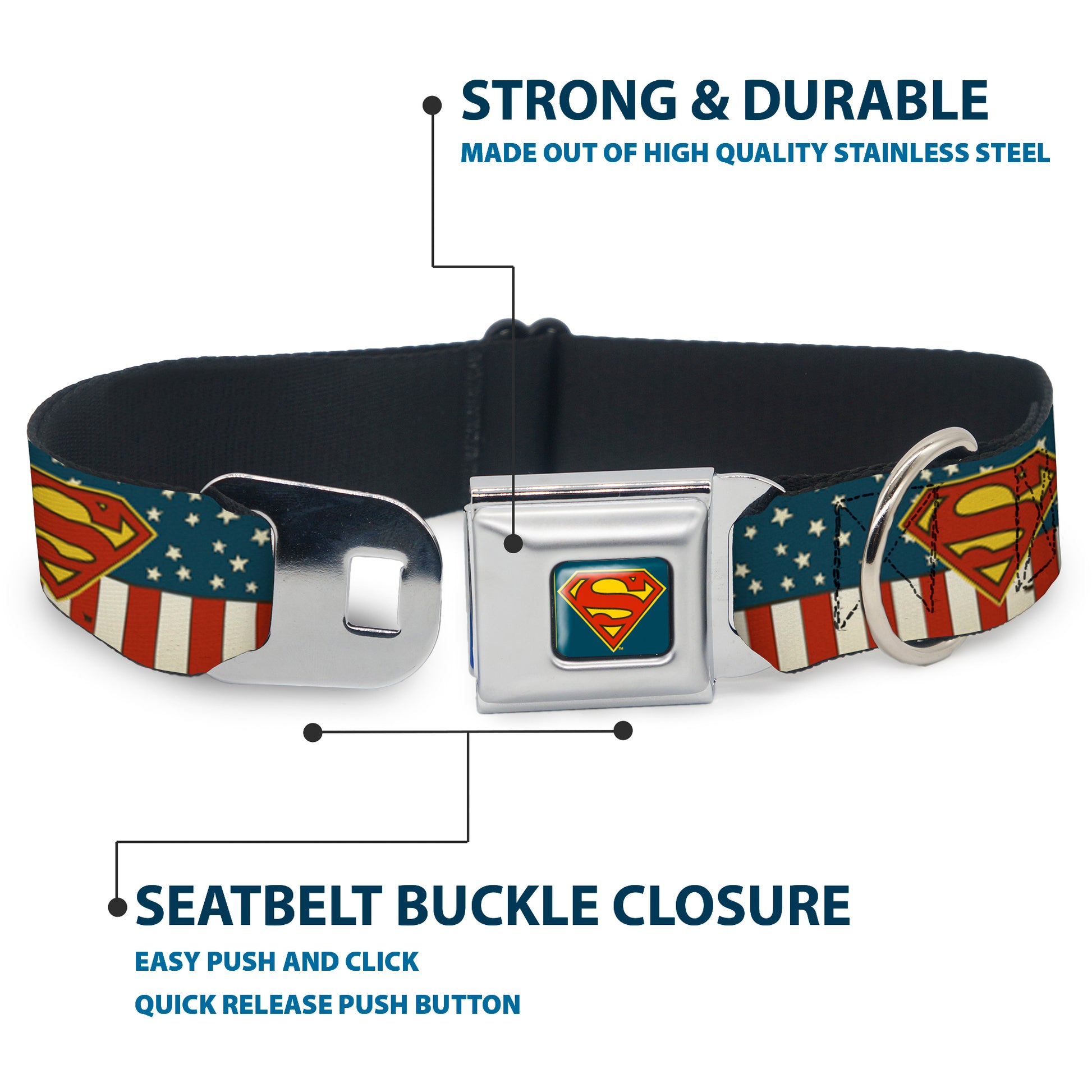 Superman Shield Full Color Americana Blue Seatbelt Buckle Collar - Superman Shield Americana Red/White/Blue/Yellow Seatbelt Buckle Collars DC Comics