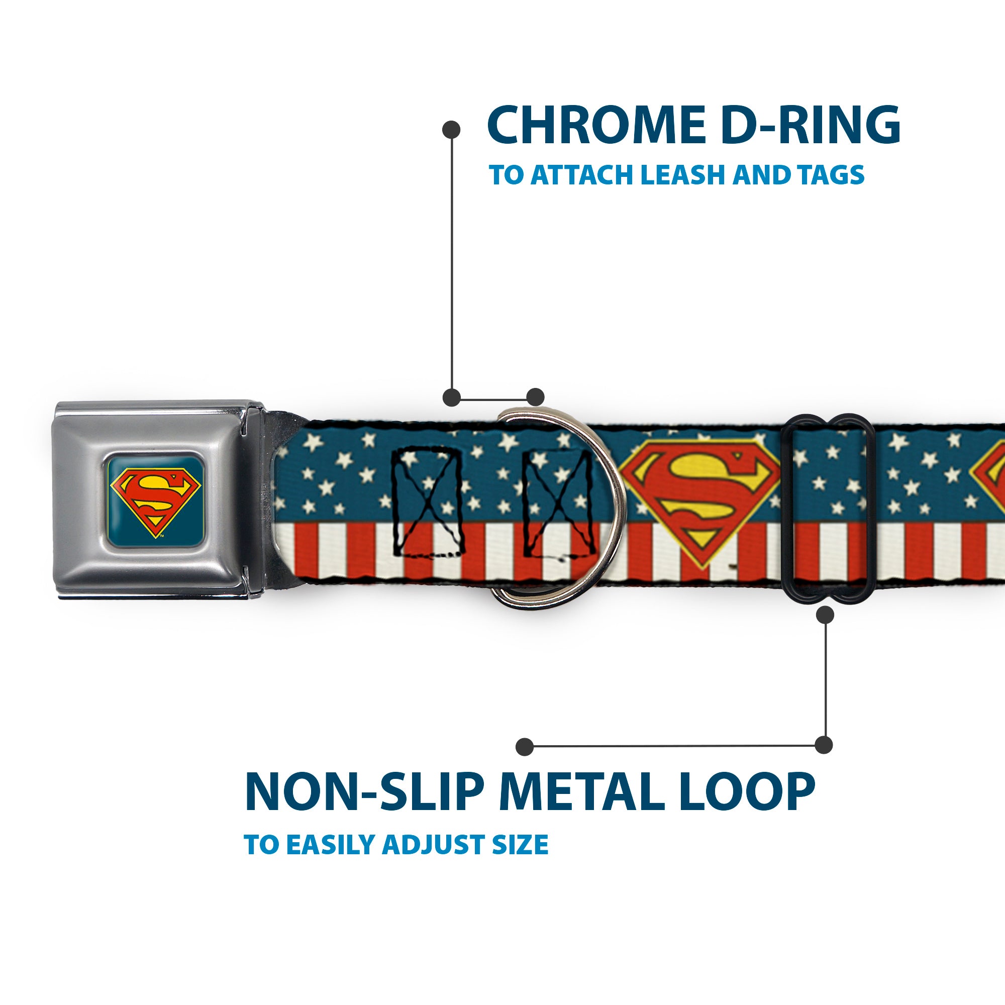 Superman Shield Full Color Americana Blue Seatbelt Buckle Collar - Superman Shield Americana Red/White/Blue/Yellow Seatbelt Buckle Collars DC Comics