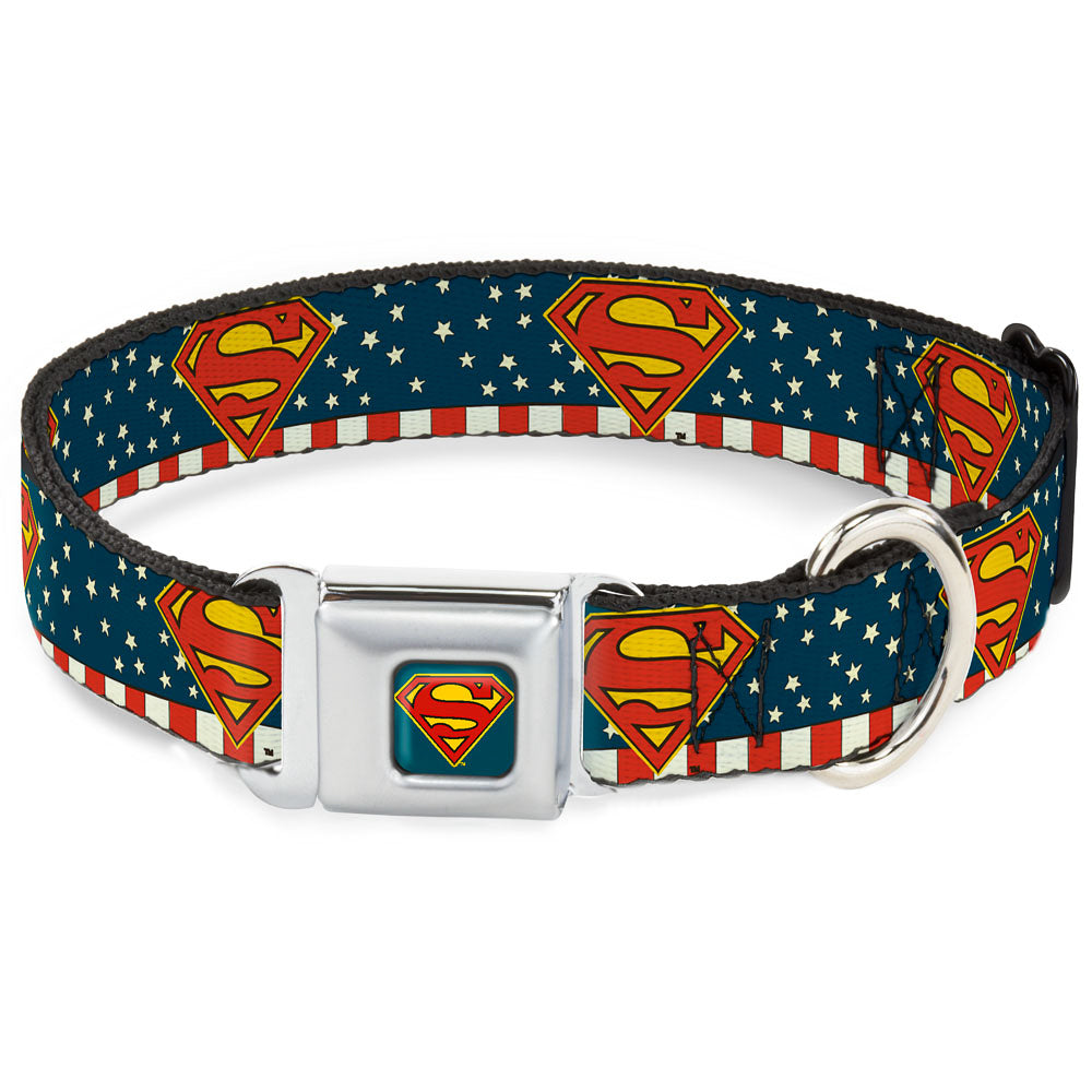 Superman Shield Full Color Americana Blue Seatbelt Buckle Collar - Superman Shield Americana Red/White/Blue/Yellow Seatbelt Buckle Collars DC Comics